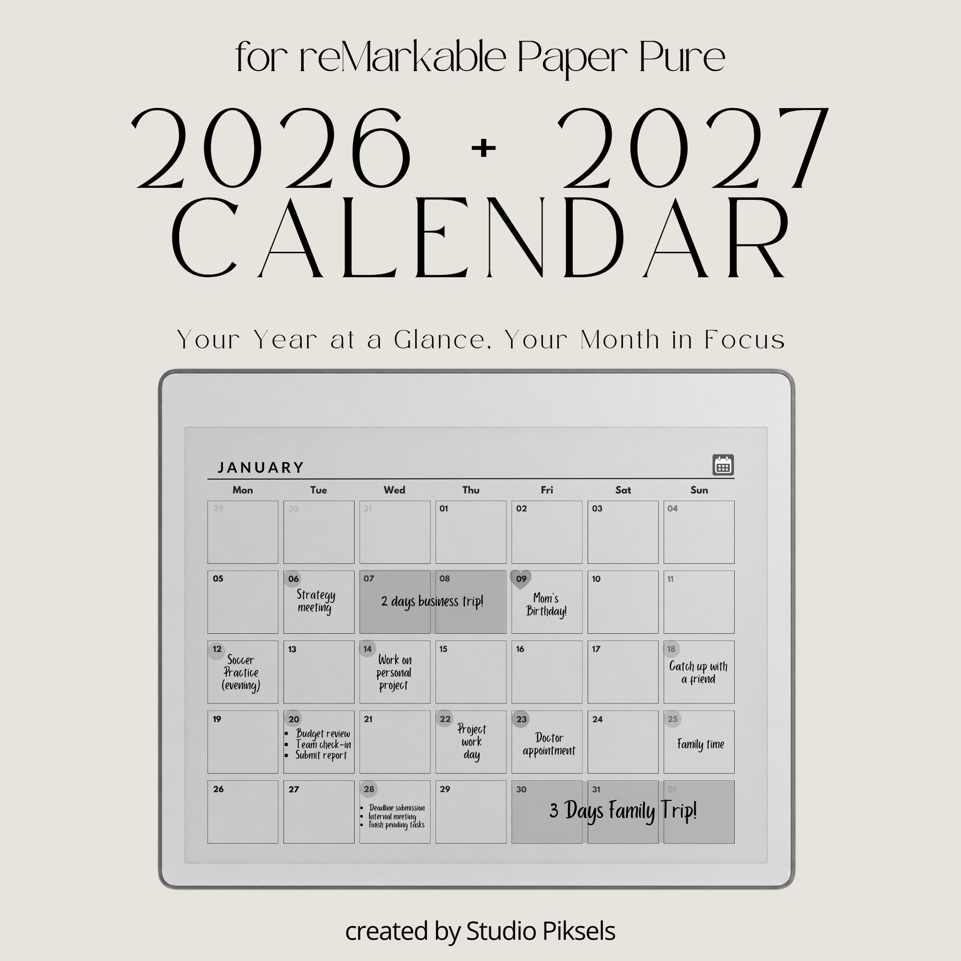 2026 and 2027 landscape monthly planner PDF for reMarkable 2 and Paper Pure with minimalist grayscale monthly calendar pages