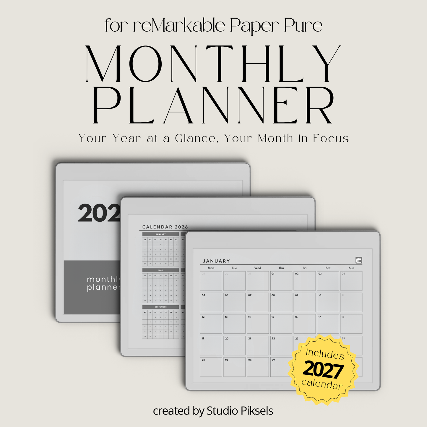 2026 and 2027 landscape monthly planner PDF for reMarkable 2 and Paper Pure with minimalist grayscale monthly calendar pages