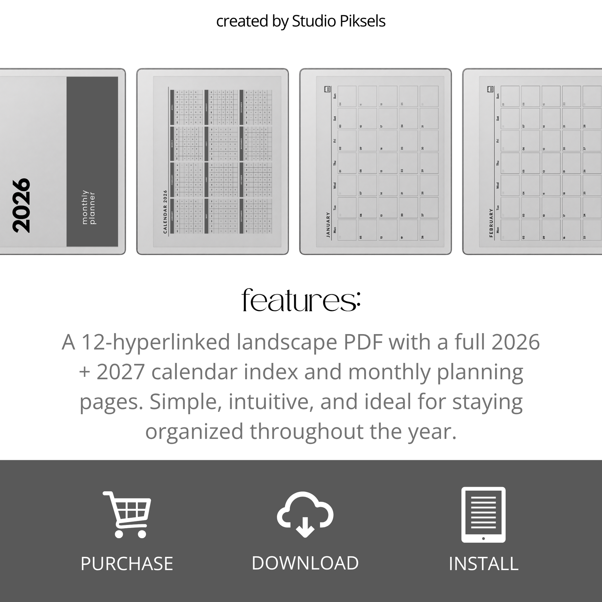 2026 and 2027 landscape monthly planner PDF for reMarkable 2 and Paper Pure with minimalist grayscale monthly calendar pages