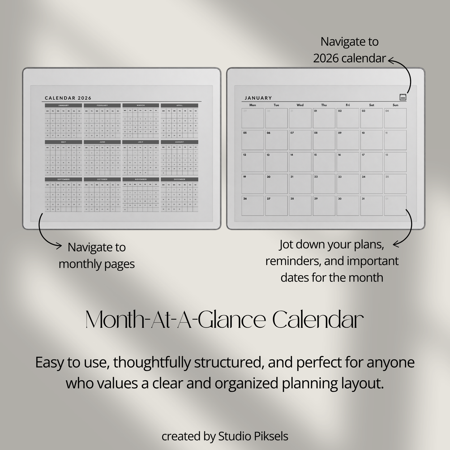 2026 and 2027 landscape monthly planner PDF for reMarkable 2 and Paper Pure with minimalist grayscale monthly calendar pages