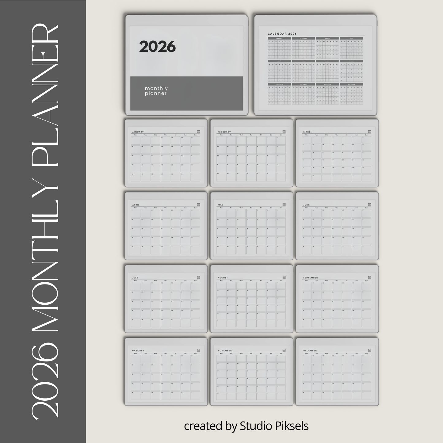 2026 and 2027 landscape monthly planner PDF for reMarkable 2 and Paper Pure with minimalist grayscale monthly calendar pages