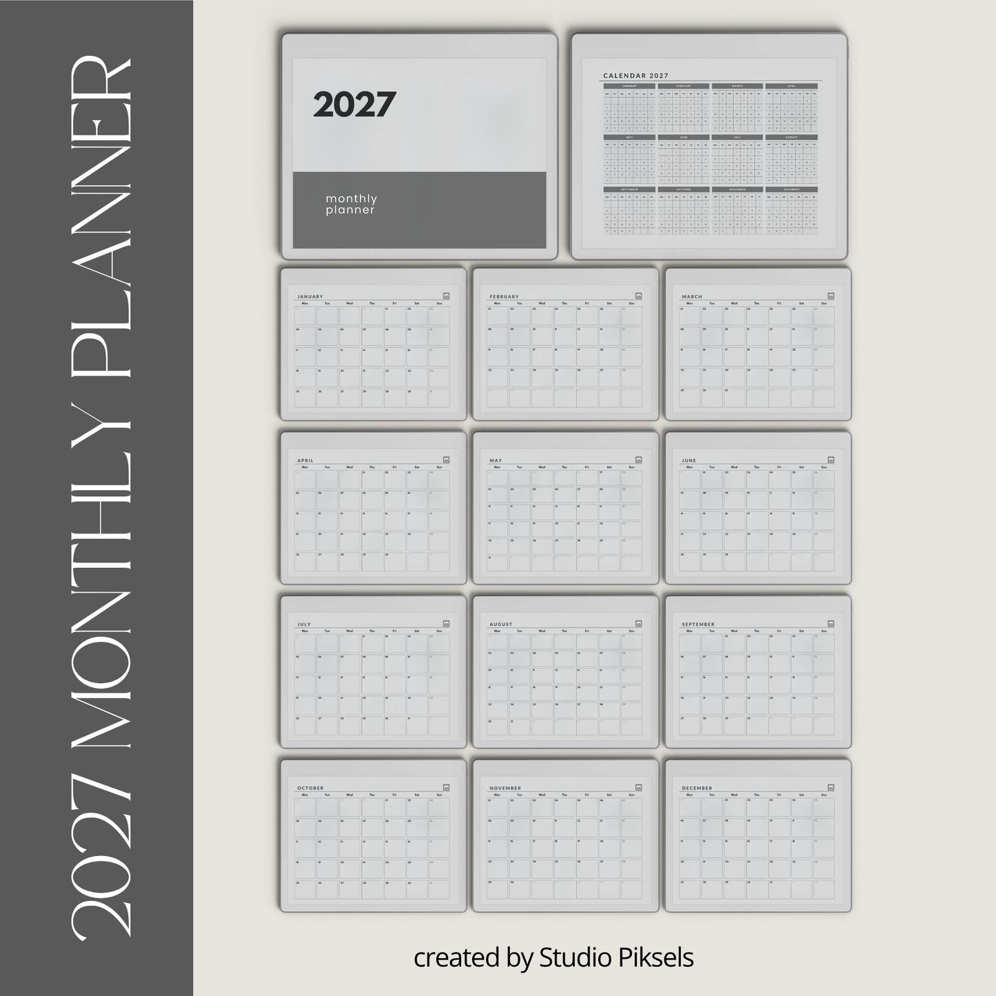 2026 and 2027 landscape monthly planner PDF for reMarkable 2 and Paper Pure with minimalist grayscale monthly calendar pages