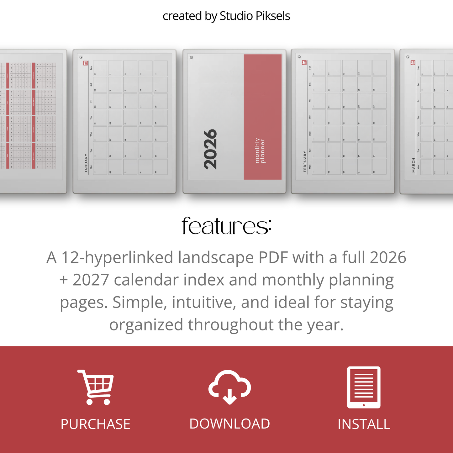 2026 and 2027 landscape monthly planner bundle for reMarkable Paper Pro with minimalist digital calendar pages for scheduling and organization.