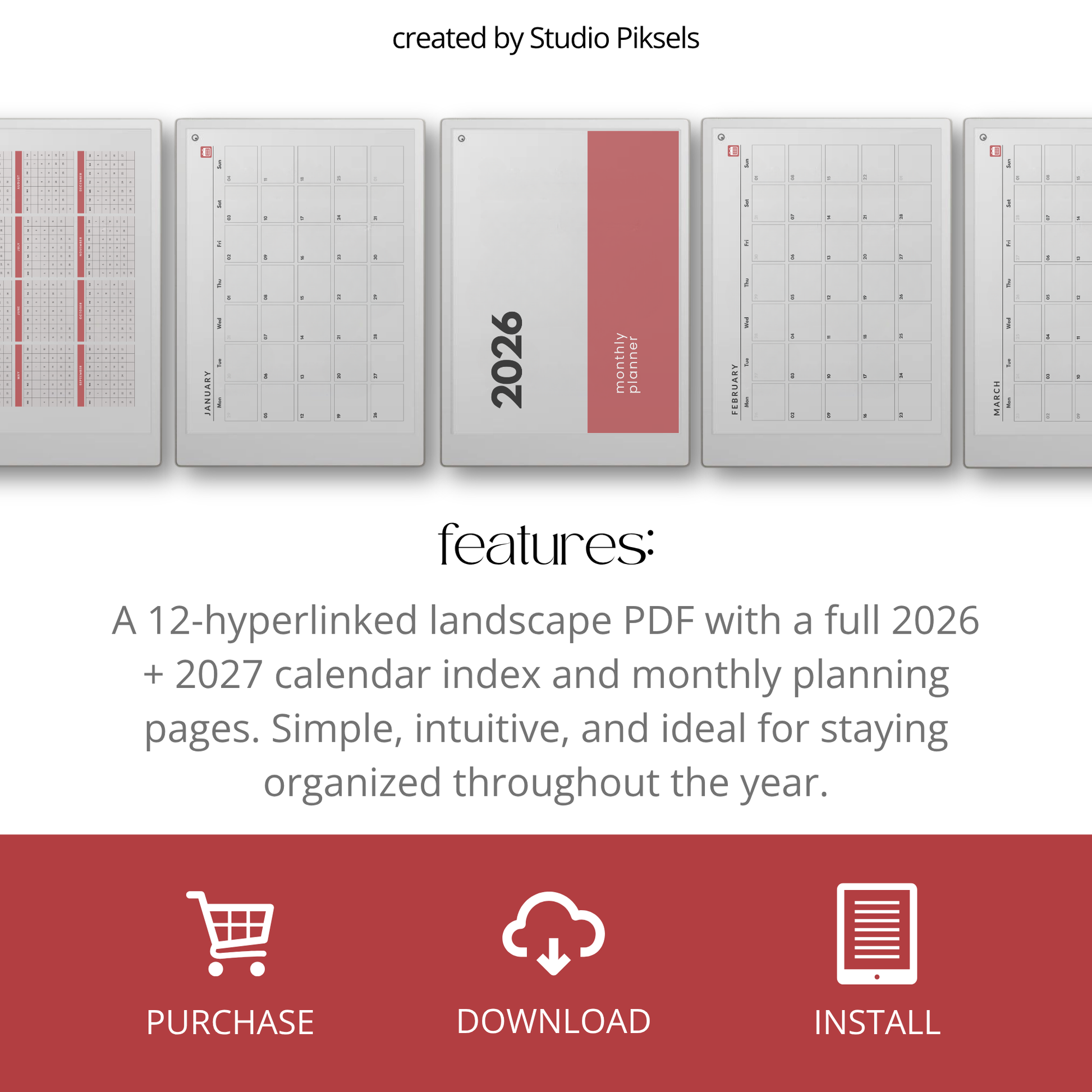 2026 and 2027 landscape monthly planner bundle for reMarkable Paper Pro with minimalist digital calendar pages for scheduling and organization.