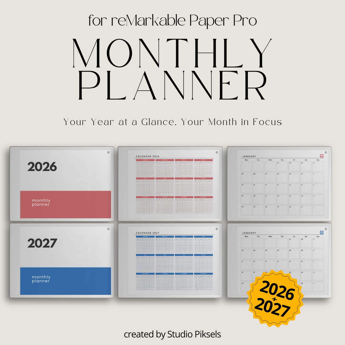 2026 and 2027 landscape monthly planner bundle for reMarkable Paper Pro with minimalist digital calendar pages for scheduling and organization.