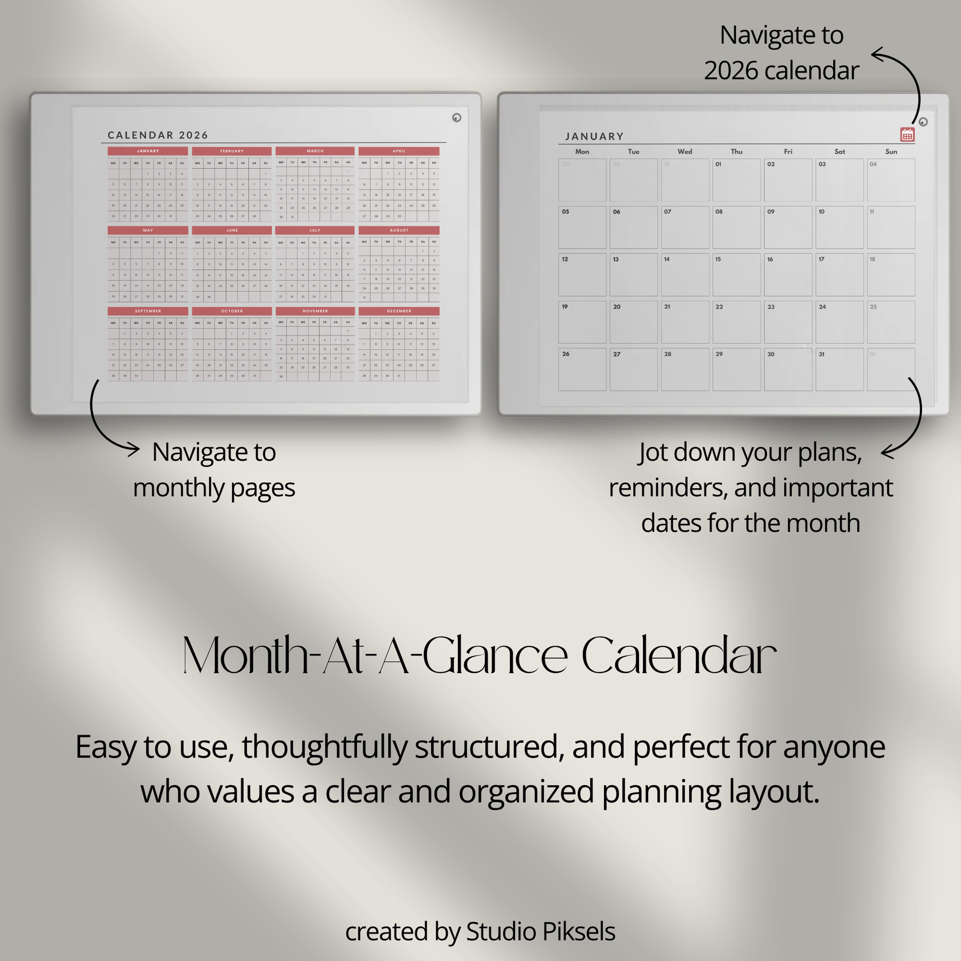 2026 and 2027 landscape monthly planner bundle for reMarkable Paper Pro with minimalist digital calendar pages for scheduling and organization.