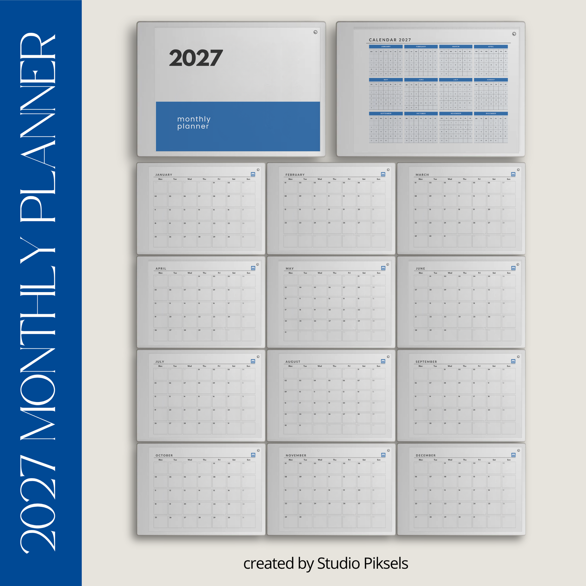 2026 and 2027 landscape monthly planner bundle for reMarkable Paper Pro with minimalist digital calendar pages for scheduling and organization.