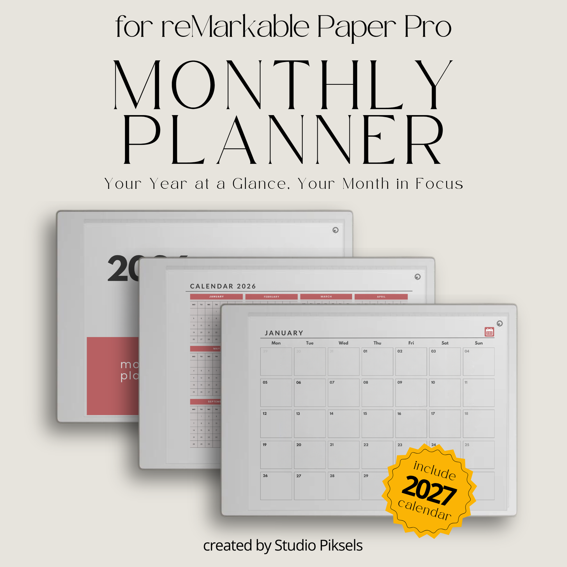 2026 and 2027 landscape monthly planner bundle for reMarkable Paper Pro with minimalist digital calendar pages for scheduling and organization.