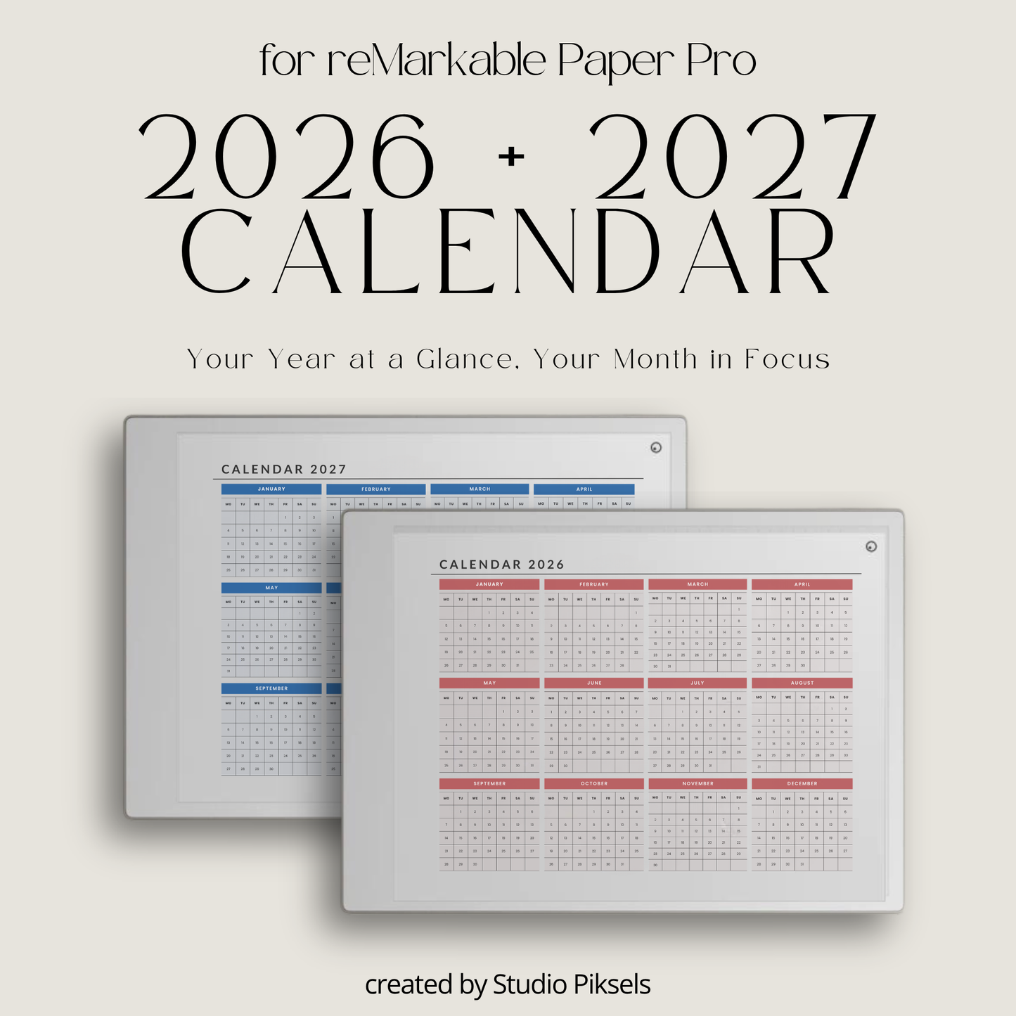 2026 and 2027 landscape monthly planner bundle for reMarkable Paper Pro with minimalist digital calendar pages for scheduling and organization.
