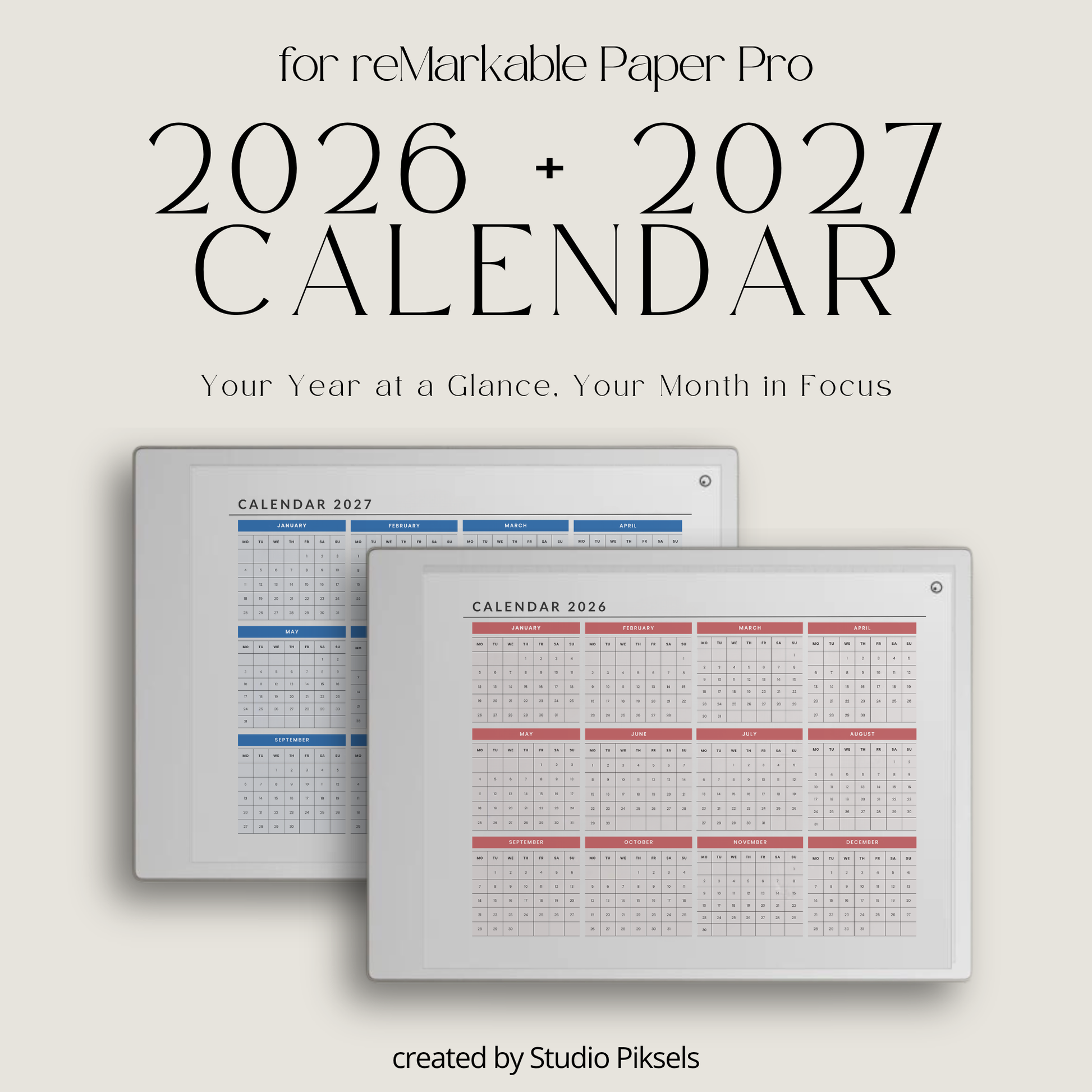 2026 and 2027 landscape monthly planner bundle for reMarkable Paper Pro with minimalist digital calendar pages for scheduling and organization.