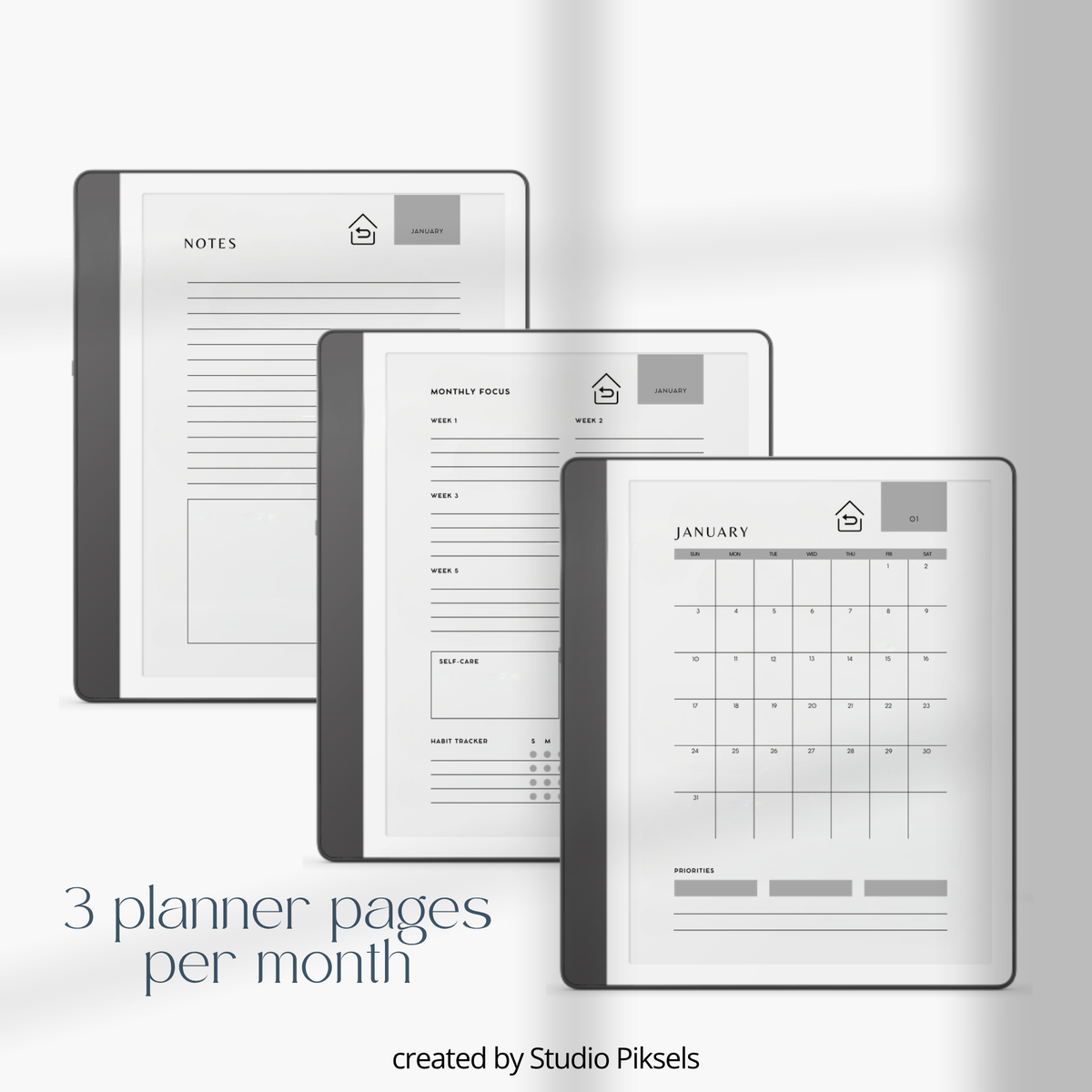 2026 + 2027 digital monthly planner for Kindle Scribe with yearly calendars, monthly planning pages, habit trackers, goals, and notes.