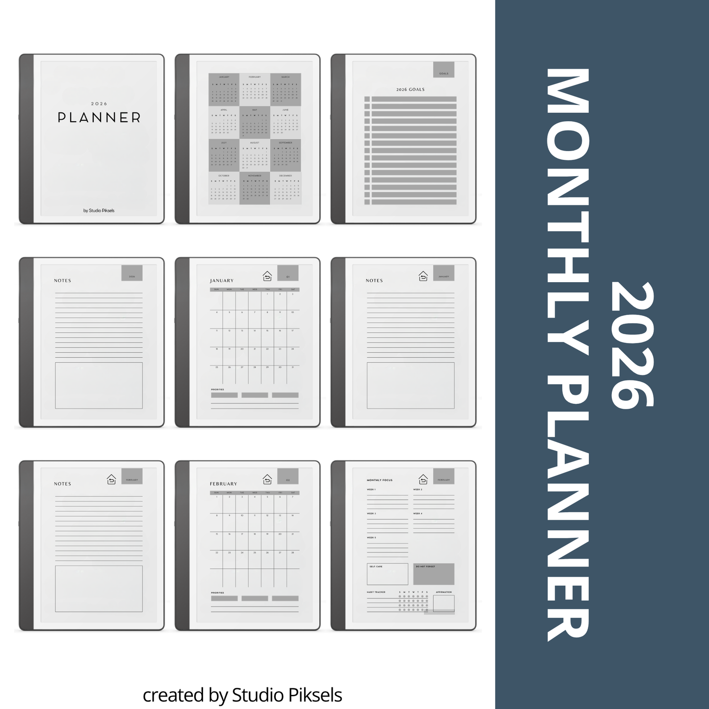 2026 + 2027 digital monthly planner for Kindle Scribe with yearly calendars, monthly planning pages, habit trackers, goals, and notes.