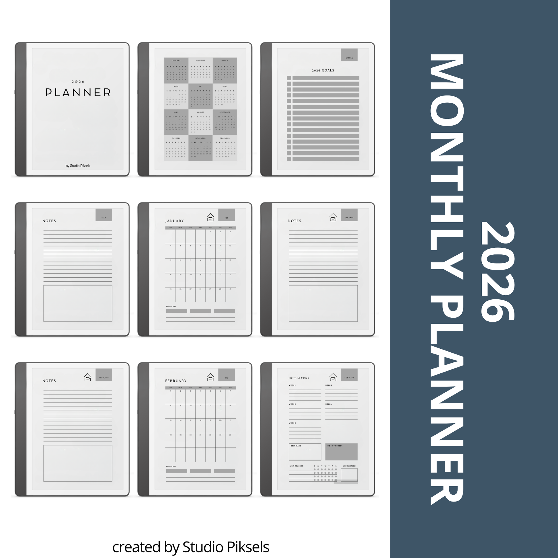 2026 + 2027 digital monthly planner for Kindle Scribe with yearly calendars, monthly planning pages, habit trackers, goals, and notes.