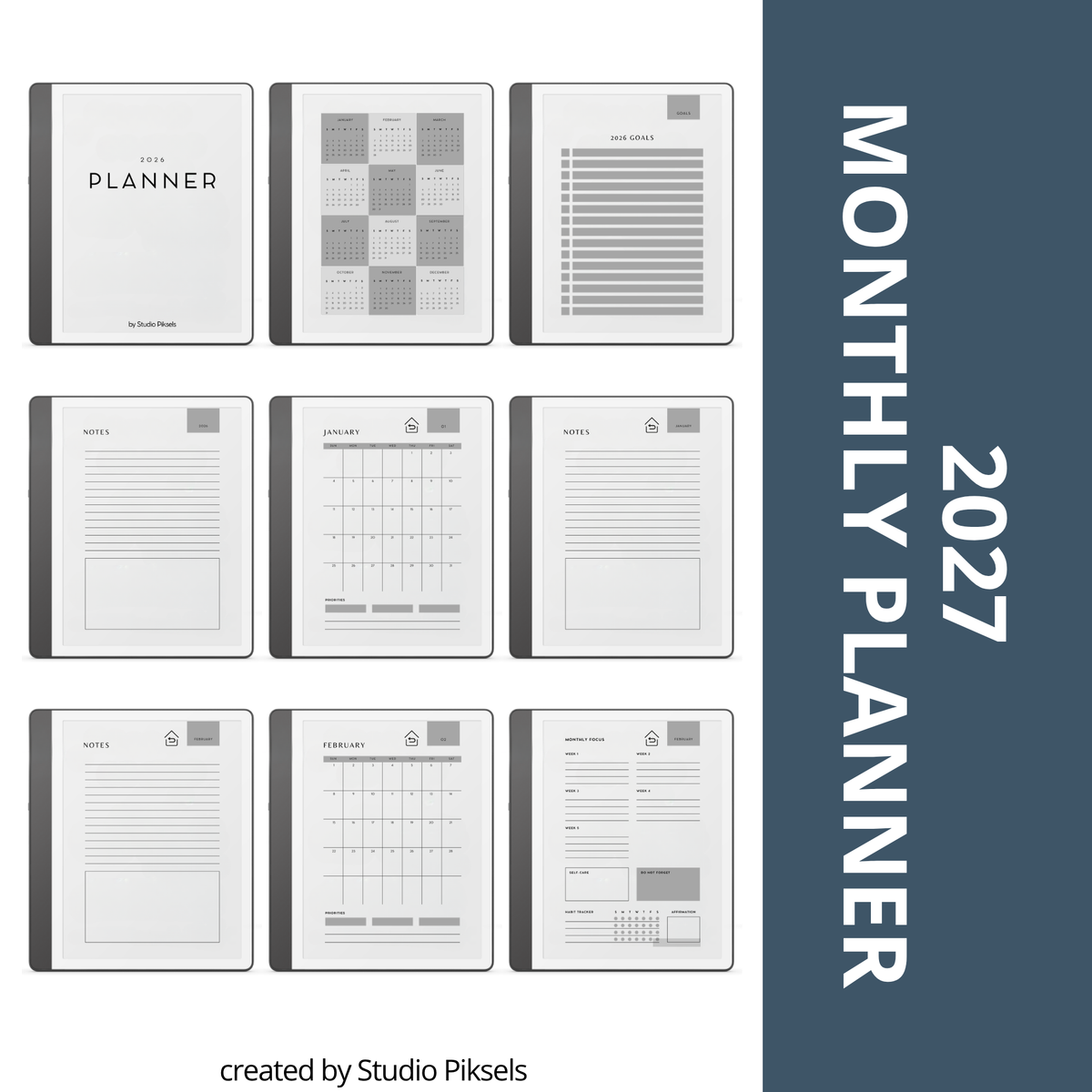 2026 + 2027 digital monthly planner for Kindle Scribe with yearly calendars, monthly planning pages, habit trackers, goals, and notes.