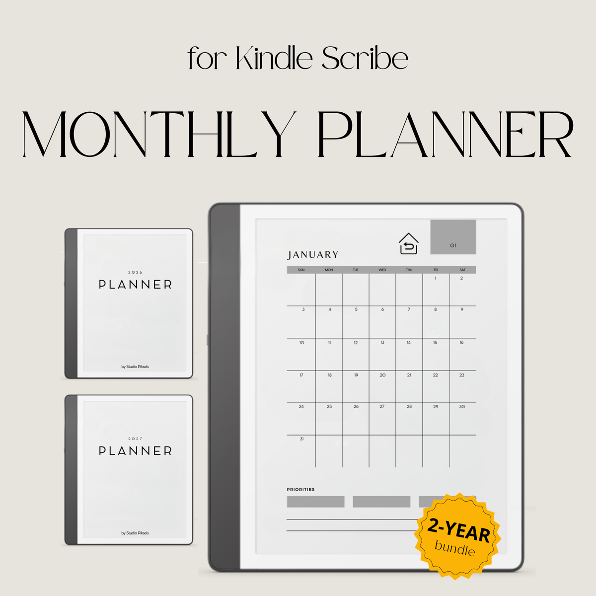 2026 + 2027 digital monthly planner for Kindle Scribe with yearly calendars, monthly planning pages, habit trackers, goals, and notes.