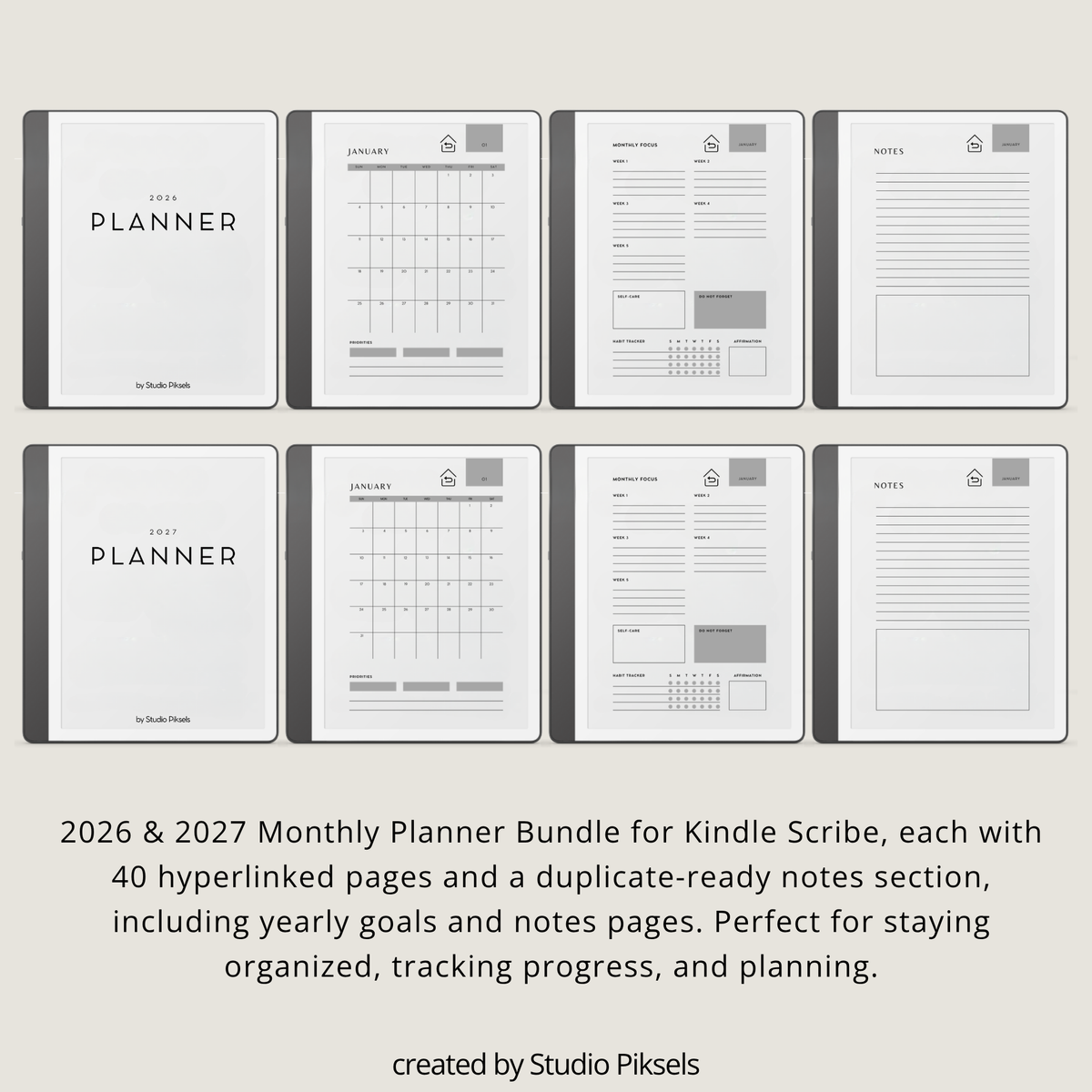 2026 + 2027 digital monthly planner for Kindle Scribe with yearly calendars, monthly planning pages, habit trackers, goals, and notes.