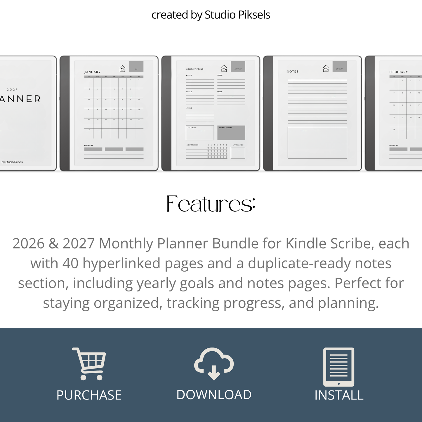 2026 + 2027 digital monthly planner for Kindle Scribe with yearly calendars, monthly planning pages, habit trackers, goals, and notes.