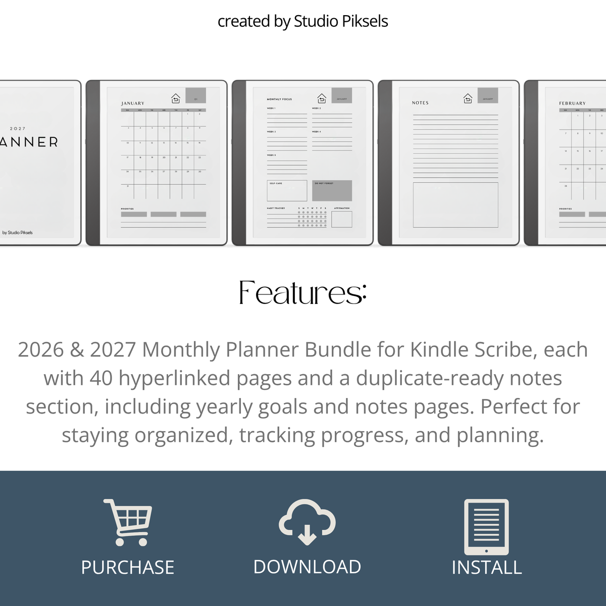 2026 + 2027 digital monthly planner for Kindle Scribe with yearly calendars, monthly planning pages, habit trackers, goals, and notes.