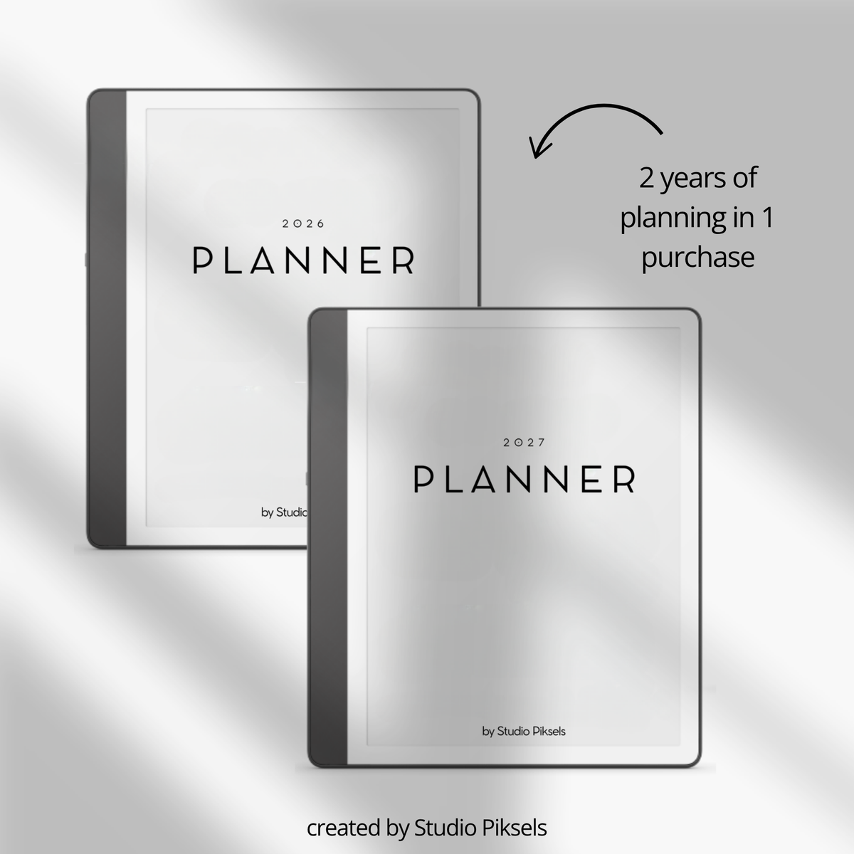 2026 + 2027 digital monthly planner for Kindle Scribe with yearly calendars, monthly planning pages, habit trackers, goals, and notes.