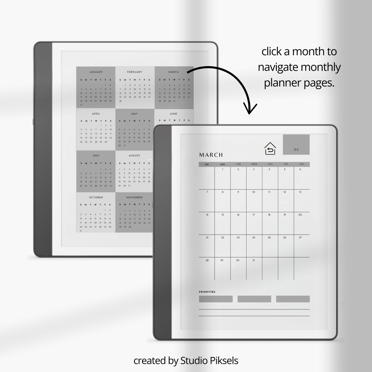 2026 + 2027 digital monthly planner for Kindle Scribe with yearly calendars, monthly planning pages, habit trackers, goals, and notes.