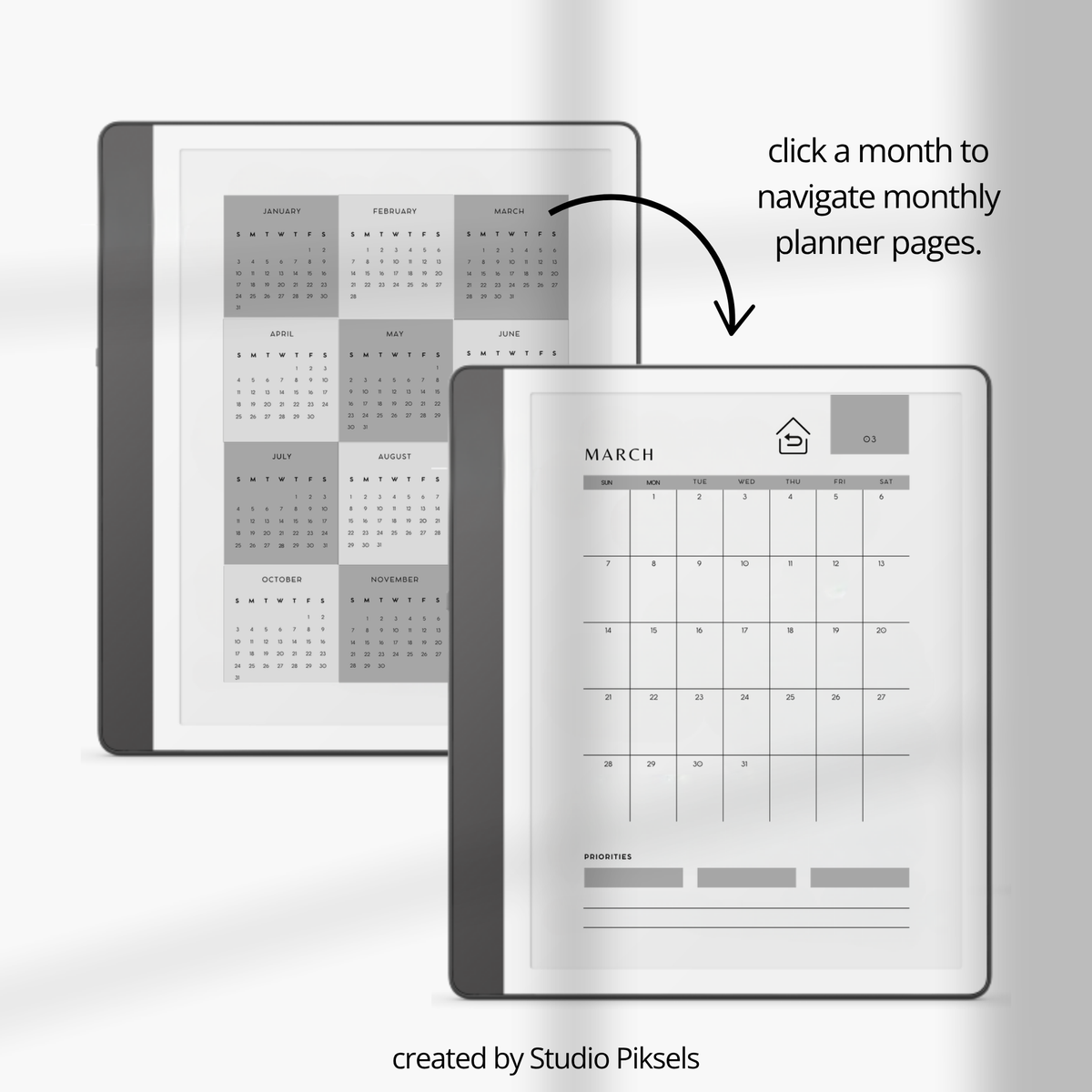 2026 + 2027 digital monthly planner for Kindle Scribe with yearly calendars, monthly planning pages, habit trackers, goals, and notes.