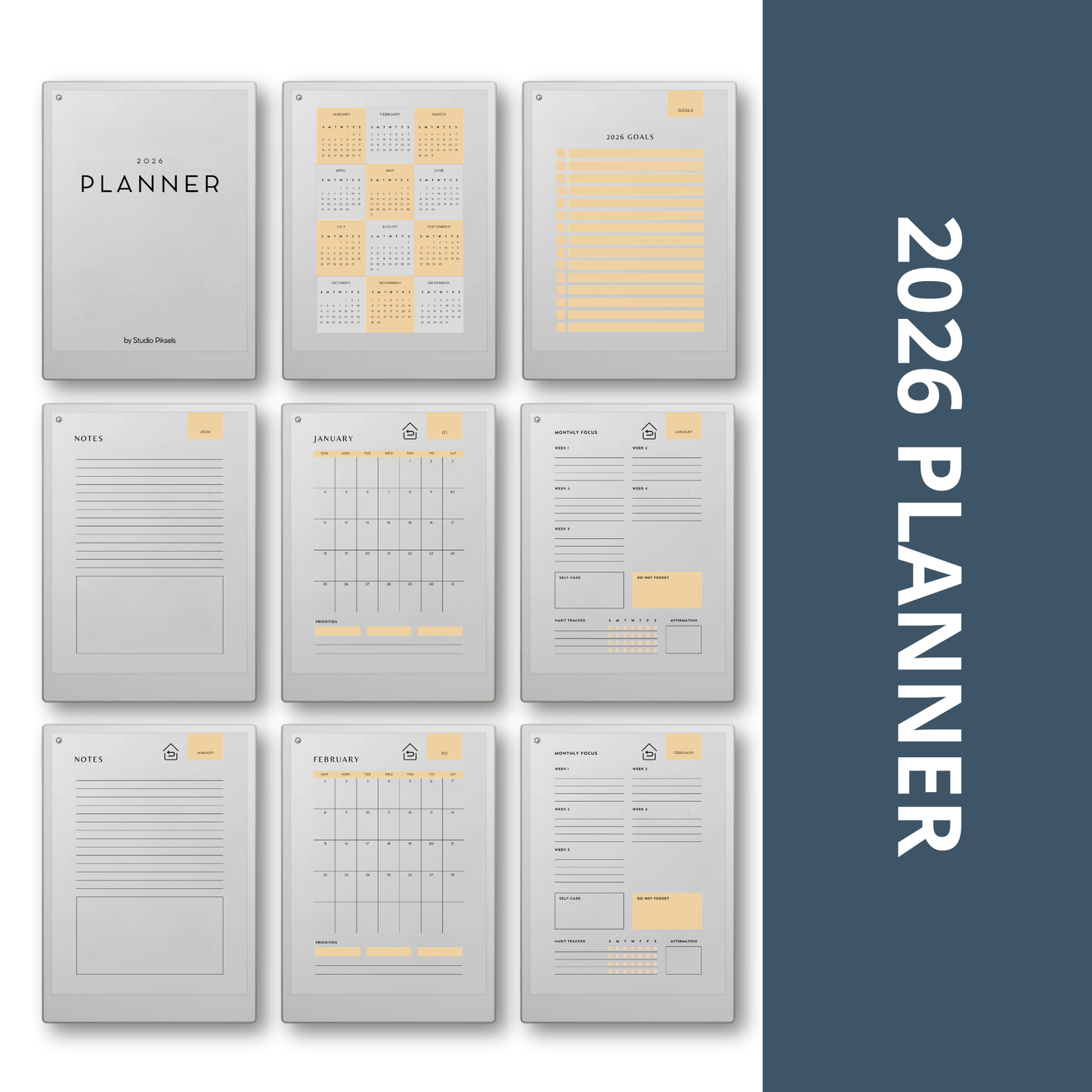 2026 + 2027 digital monthly planner for reMarkable Paper Pro with yearly calendars, monthly planning pages, habit trackers, goals, and notes.