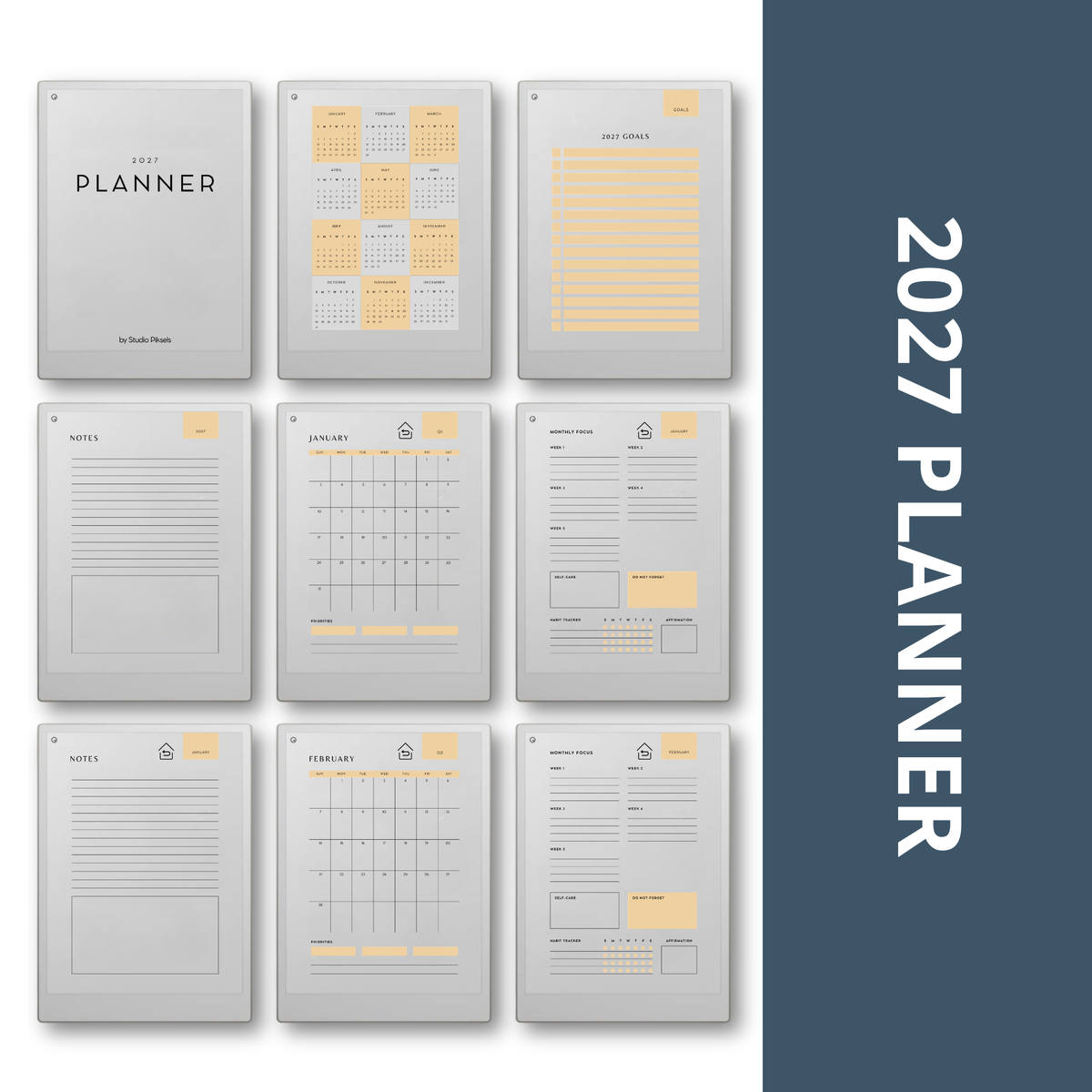 2026 + 2027 digital monthly planner for reMarkable Paper Pro with yearly calendars, monthly planning pages, habit trackers, goals, and notes.
