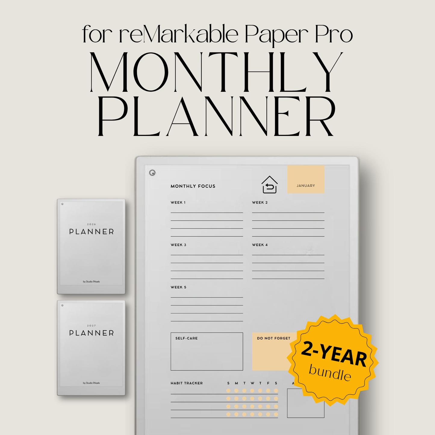2026 + 2027 digital monthly planner for reMarkable Paper Pro with yearly calendars, monthly planning pages, habit trackers, goals, and notes.