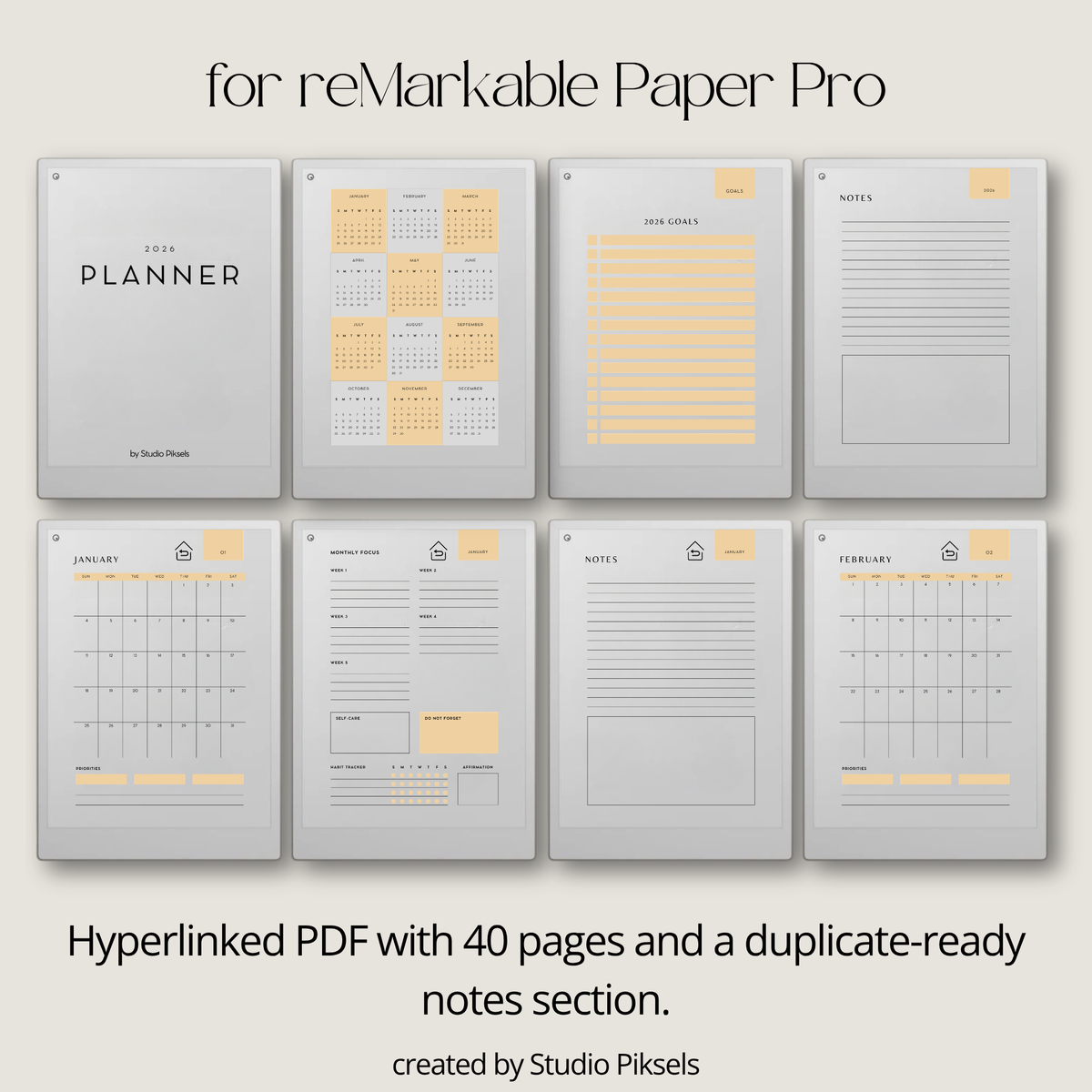 2026 + 2027 digital monthly planner for reMarkable Paper Pro with yearly calendars, monthly planning pages, habit trackers, goals, and notes.