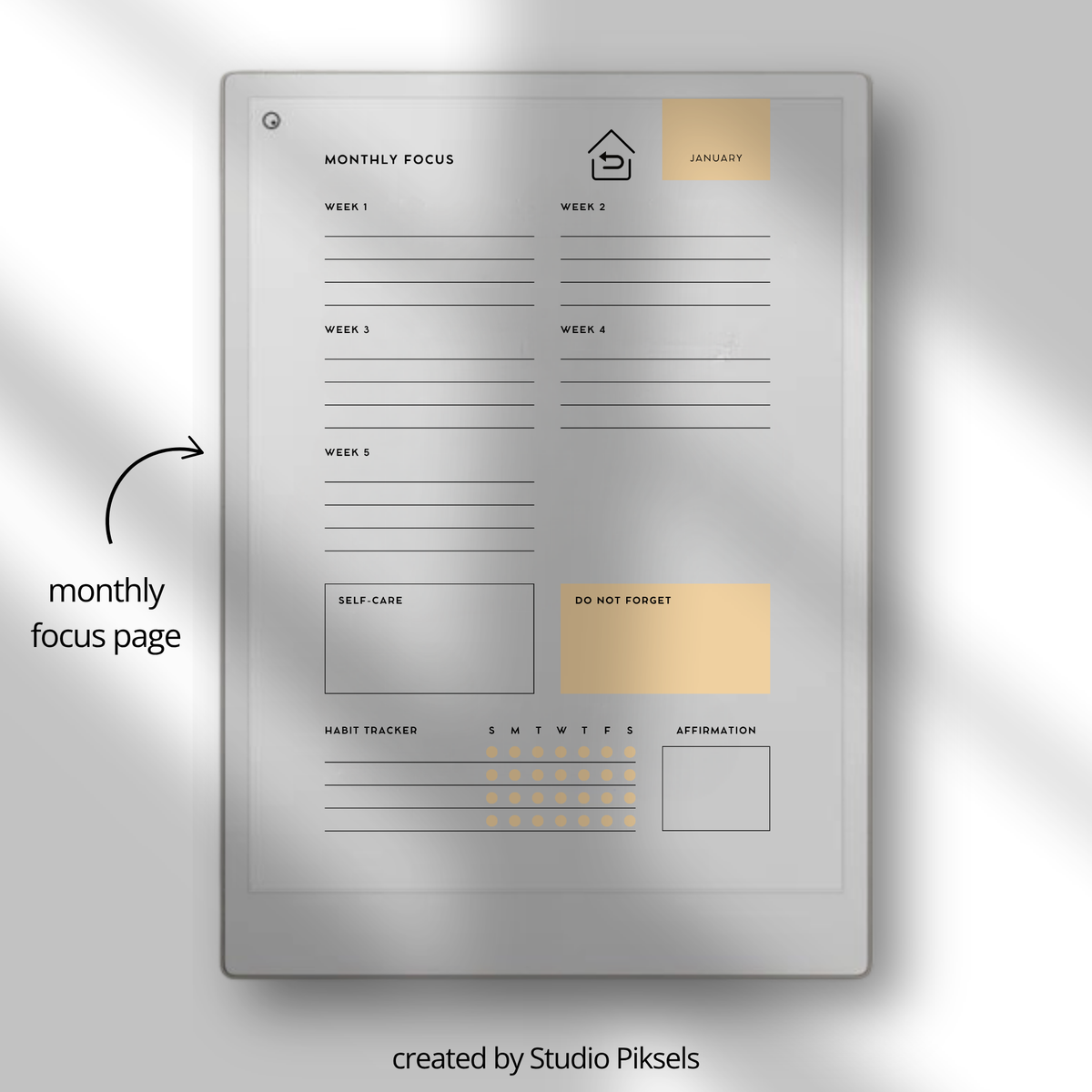 2026 + 2027 digital monthly planner for reMarkable Paper Pro with yearly calendars, monthly planning pages, habit trackers, goals, and notes.