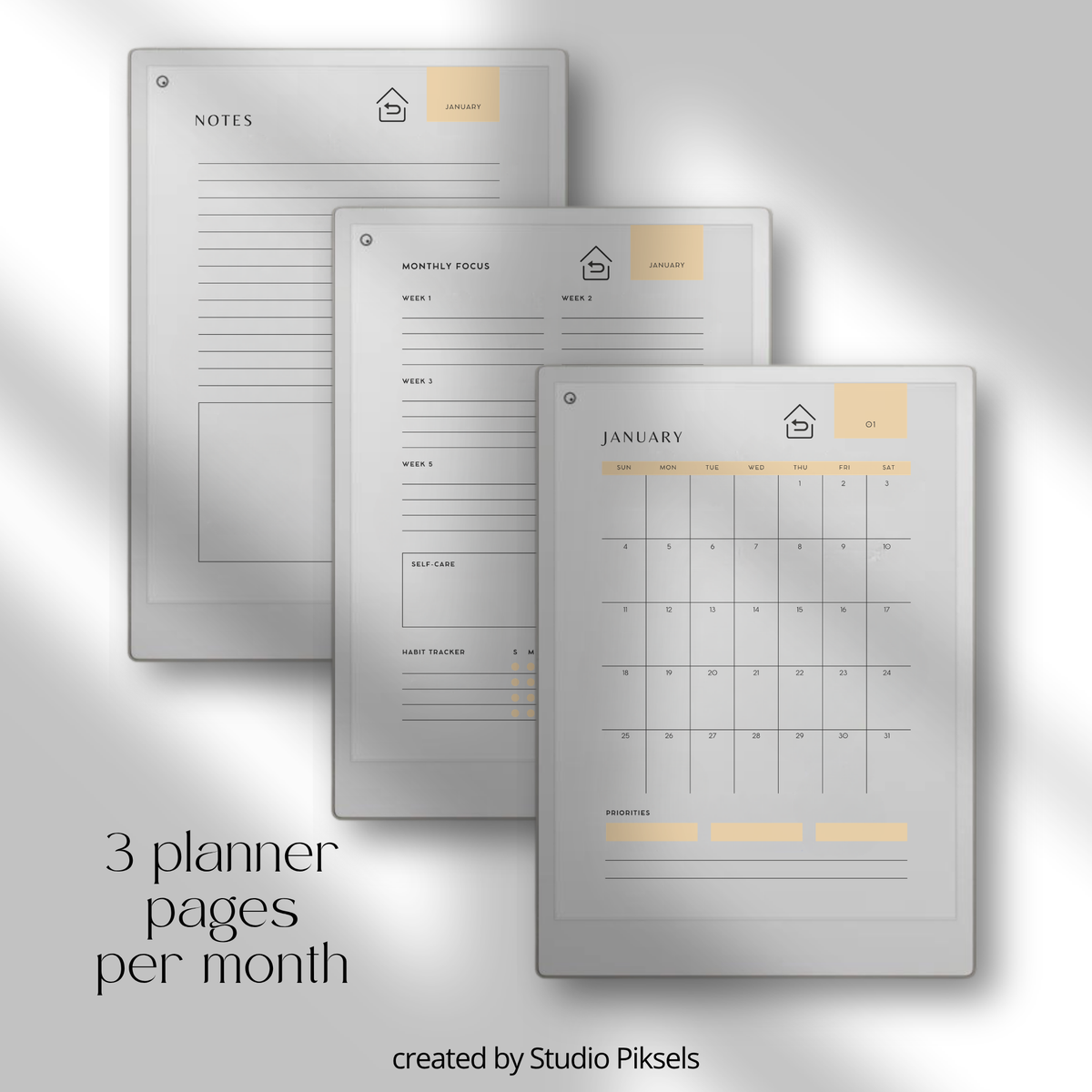 2026 + 2027 digital monthly planner for reMarkable Paper Pro with yearly calendars, monthly planning pages, habit trackers, goals, and notes.
