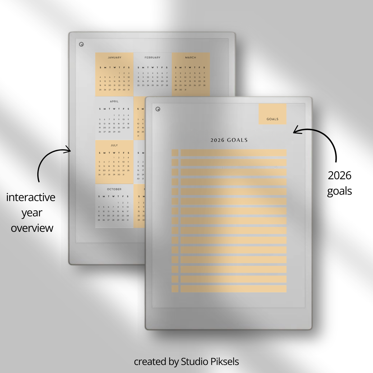 2026 + 2027 digital monthly planner for reMarkable Paper Pro with yearly calendars, monthly planning pages, habit trackers, goals, and notes.