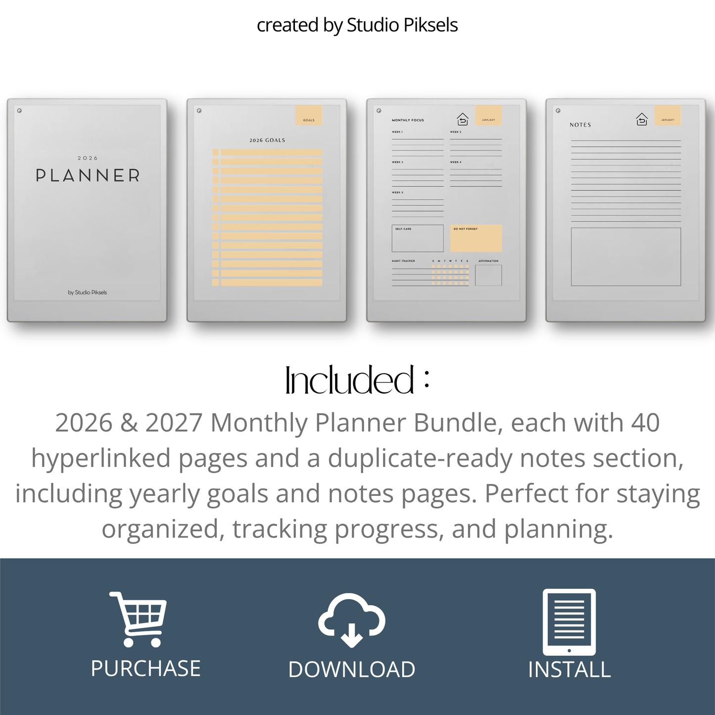 2026 + 2027 digital monthly planner for reMarkable Paper Pro with yearly calendars, monthly planning pages, habit trackers, goals, and notes.