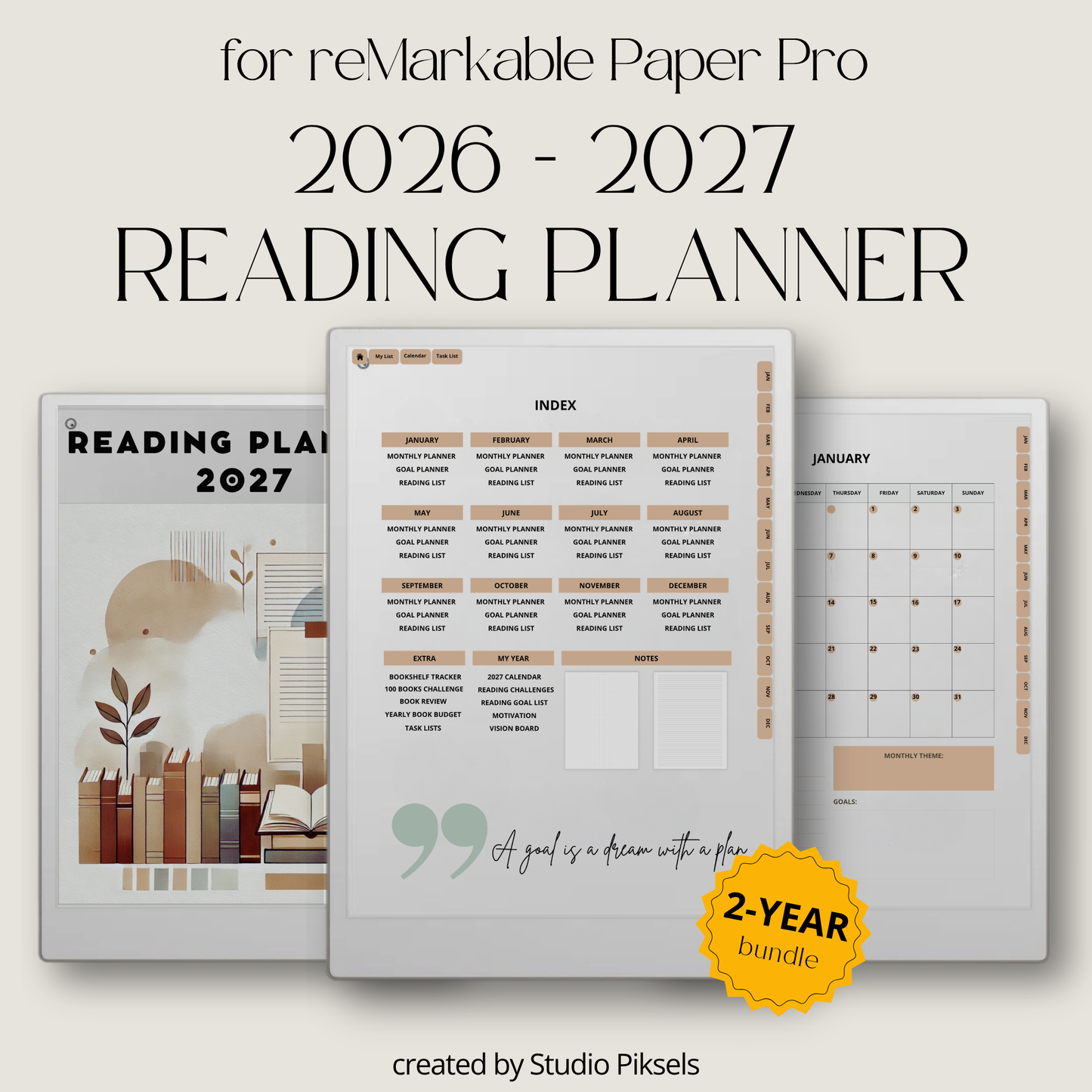 2026 + 2027 digital reading planner for reMarkable Paper Pro with reading goals, book trackers, reading challenges, and review pages