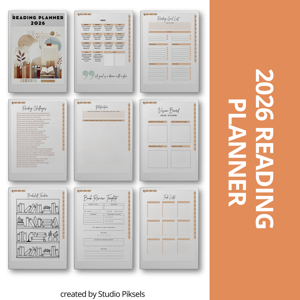2026 + 2027 digital reading planner for reMarkable Paper Pro with reading goals, book trackers, reading challenges, and review pages