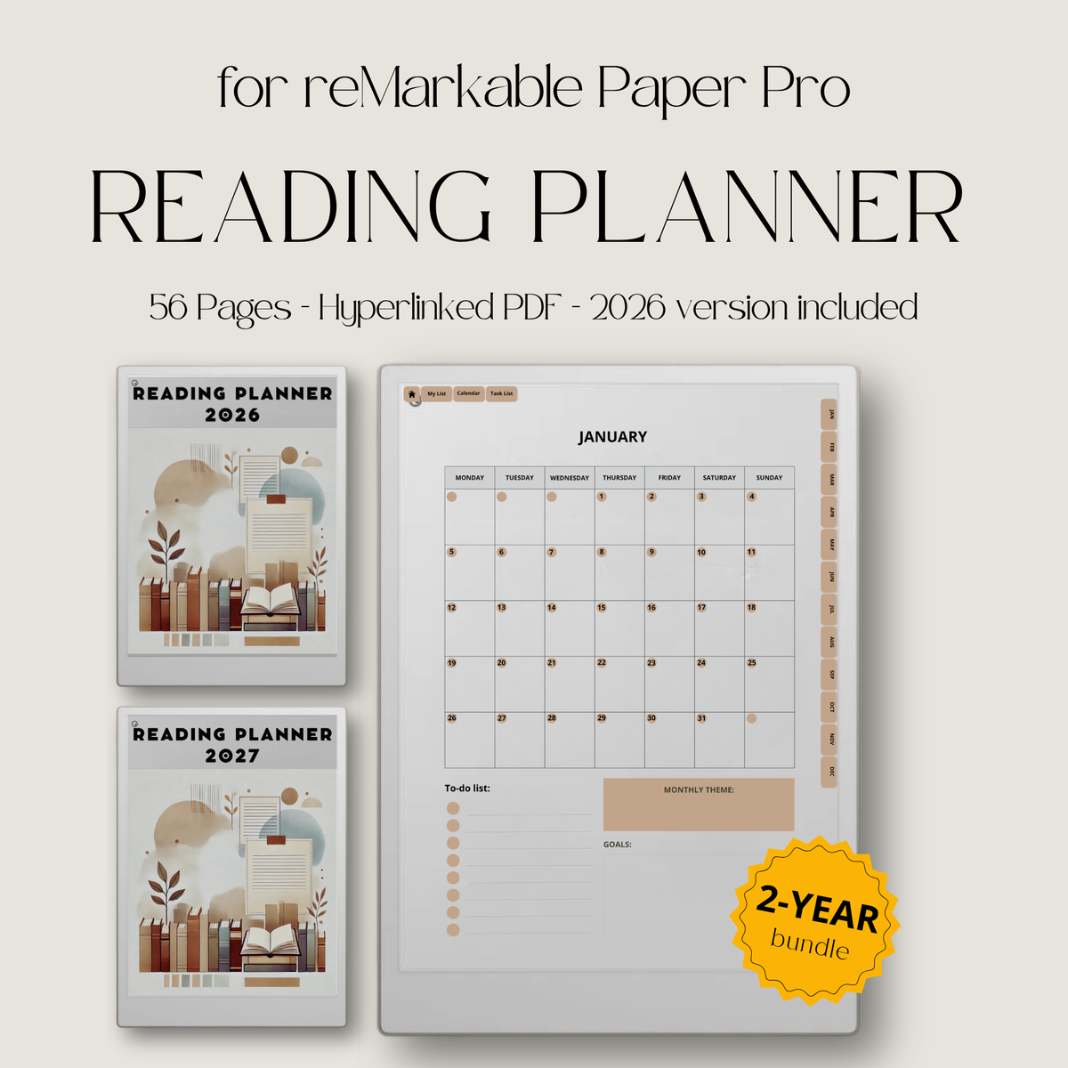 2026 + 2027 digital reading planner for reMarkable Paper Pro with reading goals, book trackers, reading challenges, and review pages