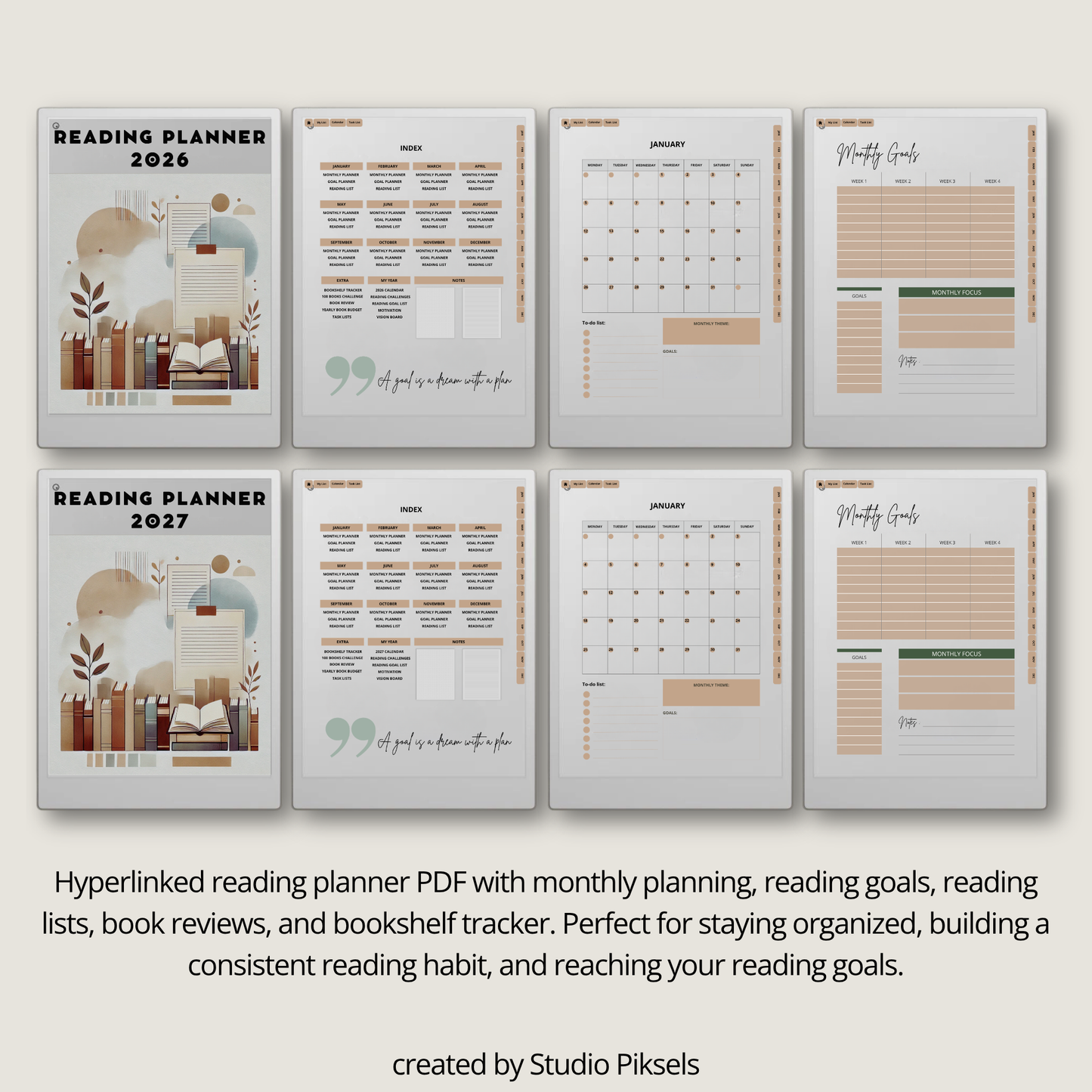 2026 + 2027 digital reading planner for reMarkable Paper Pro with reading goals, book trackers, reading challenges, and review pages