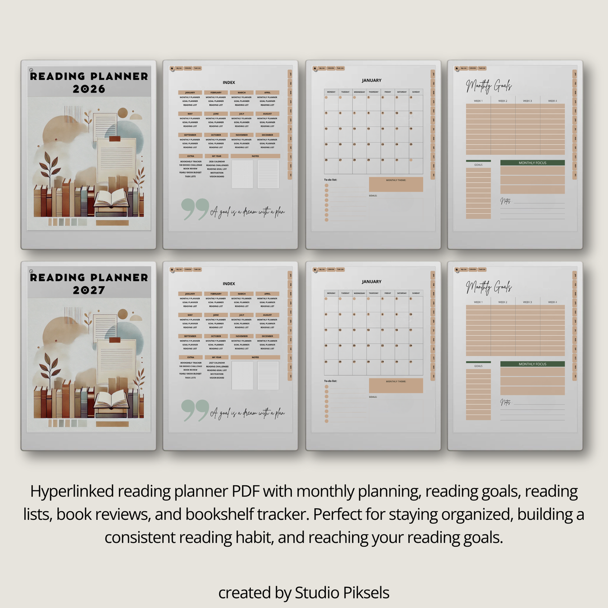 2026 + 2027 digital reading planner for reMarkable Paper Pro with reading goals, book trackers, reading challenges, and review pages