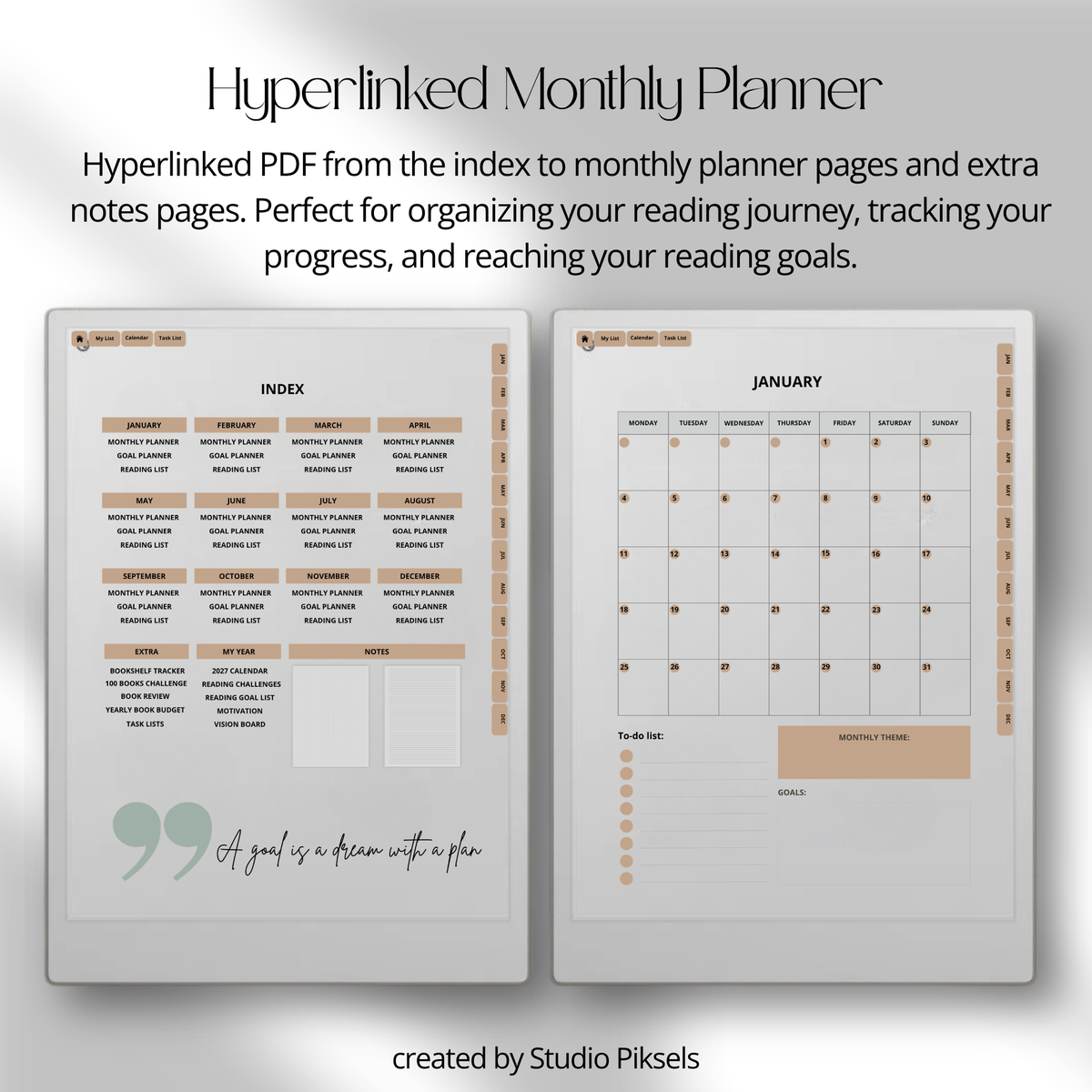 2026 + 2027 digital reading planner for reMarkable Paper Pro with reading goals, book trackers, reading challenges, and review pages