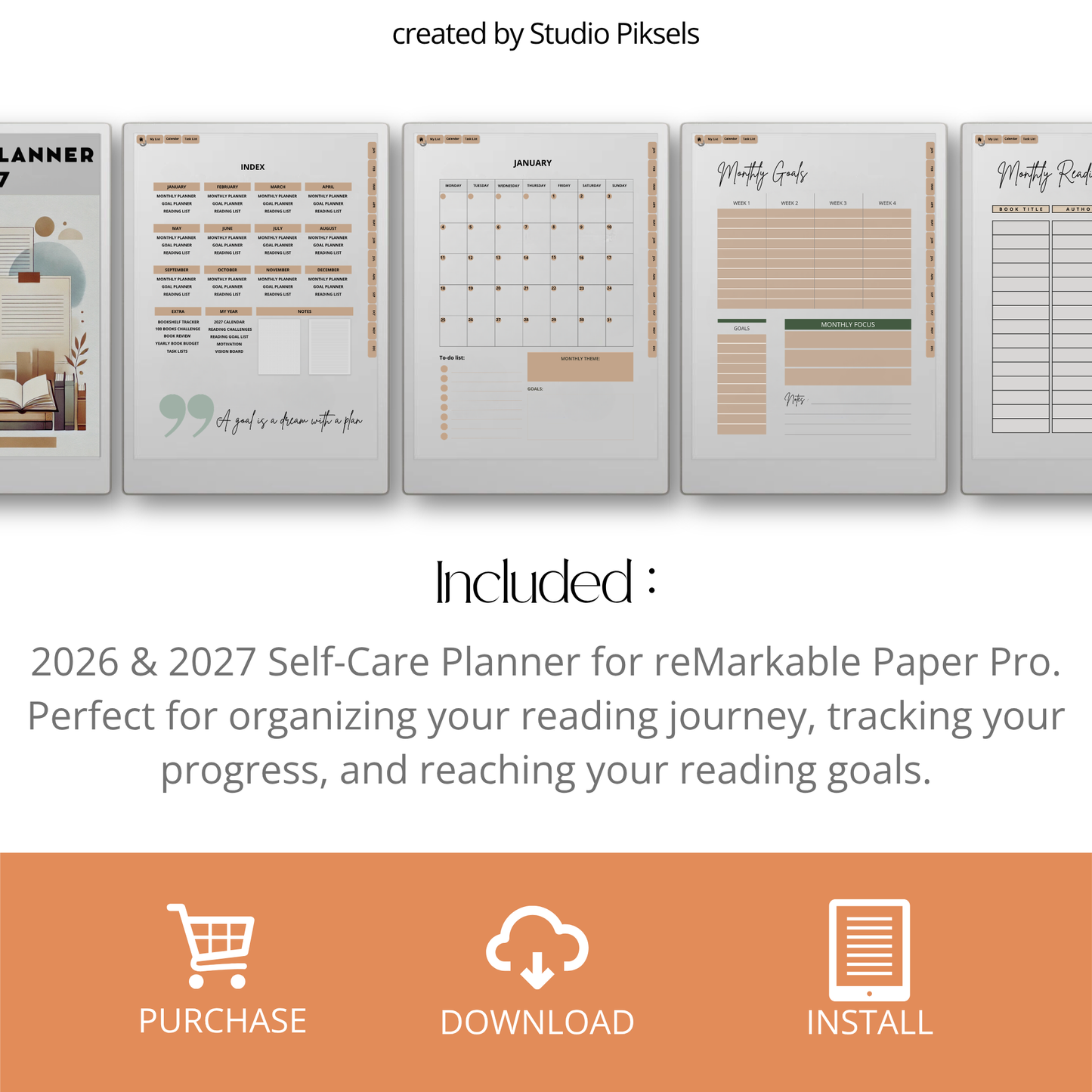 2026 + 2027 digital reading planner for reMarkable Paper Pro with reading goals, book trackers, reading challenges, and review pages