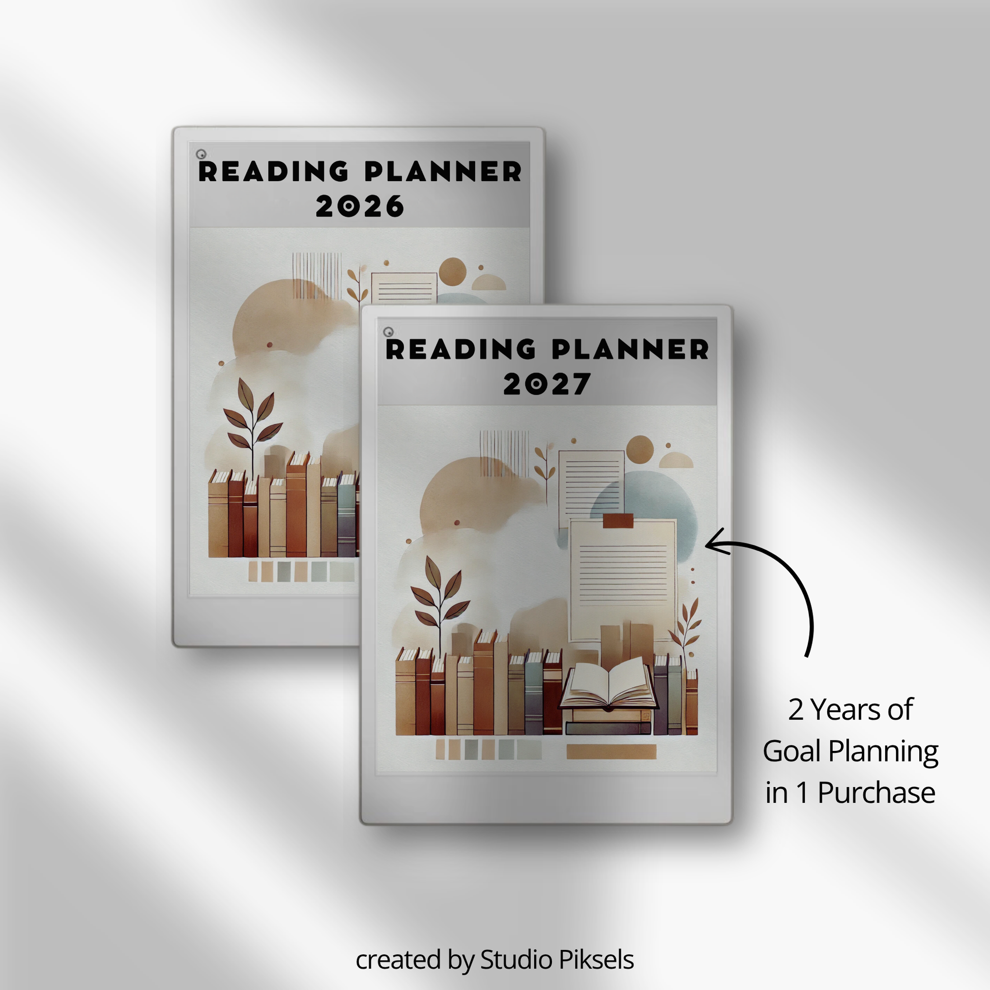 2026 + 2027 digital reading planner for reMarkable Paper Pro with reading goals, book trackers, reading challenges, and review pages
