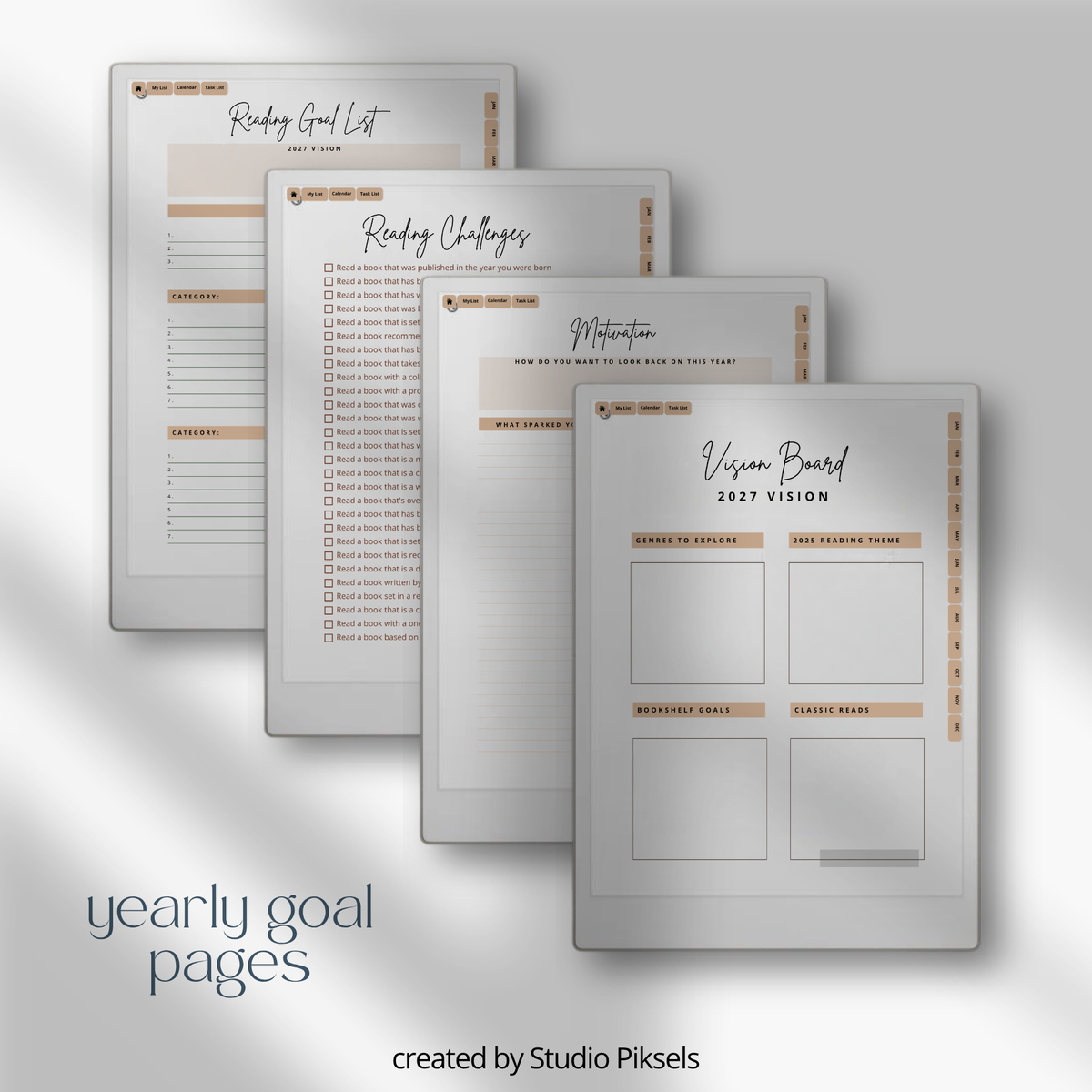 2026 + 2027 digital reading planner for reMarkable Paper Pro with reading goals, book trackers, reading challenges, and review pages