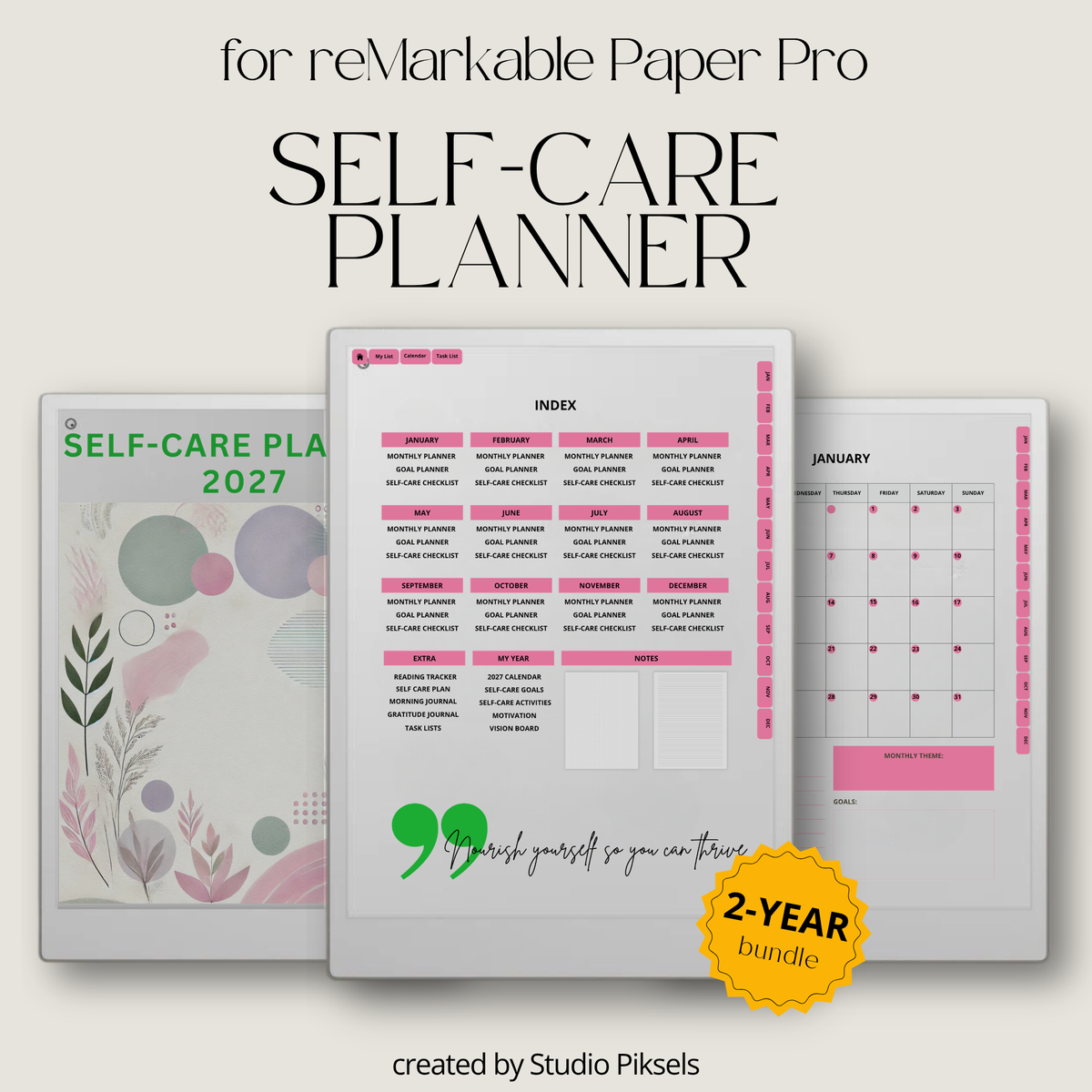 2026 + 2027 Self Care Planner for reMarkable Paper Pro featuring hyperlinked wellness, mood tracking, gratitude, habit, routine, goal, and reflection pages.