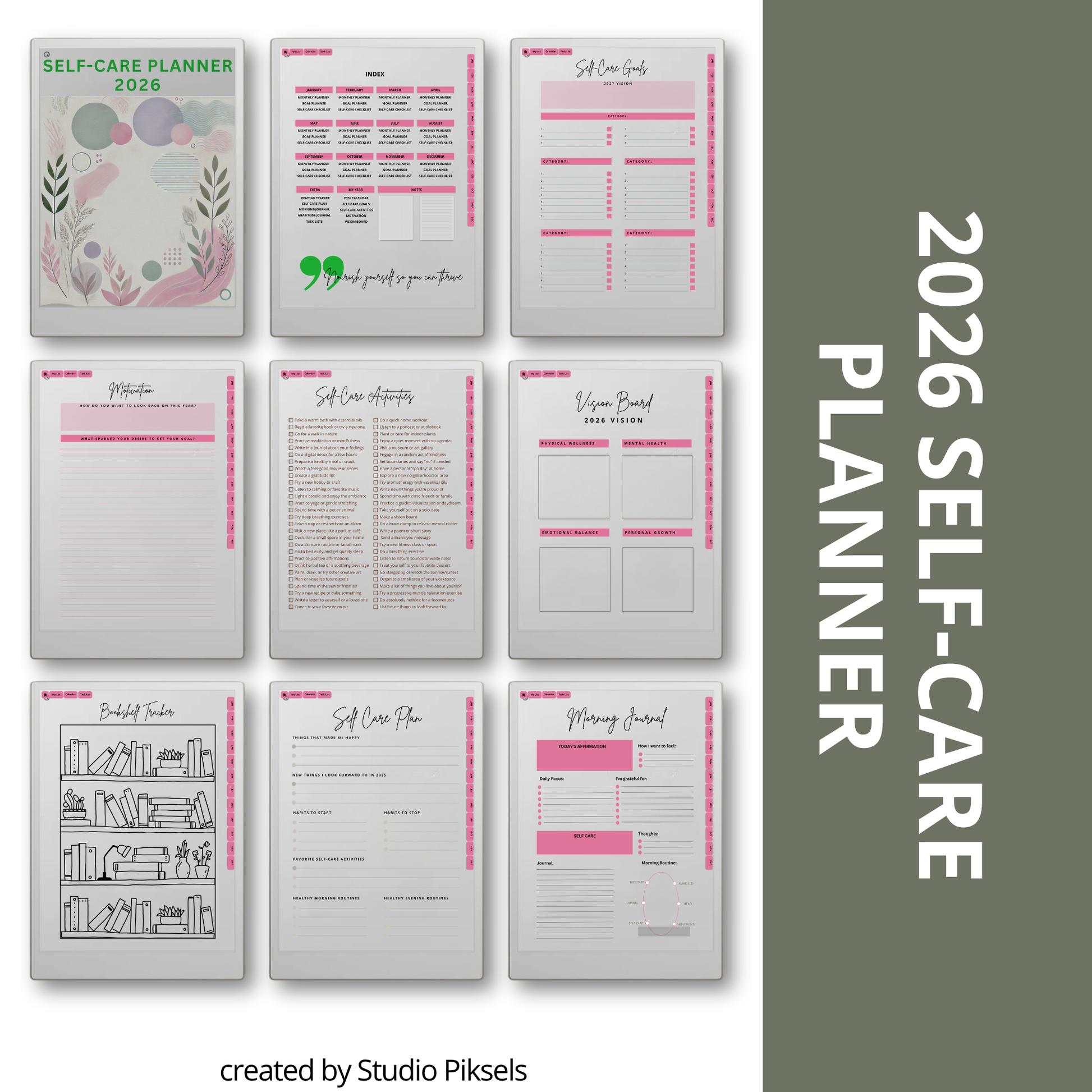 2026 + 2027 Self Care Planner for reMarkable Paper Pro featuring hyperlinked wellness, mood tracking, gratitude, habit, routine, goal, and reflection pages.