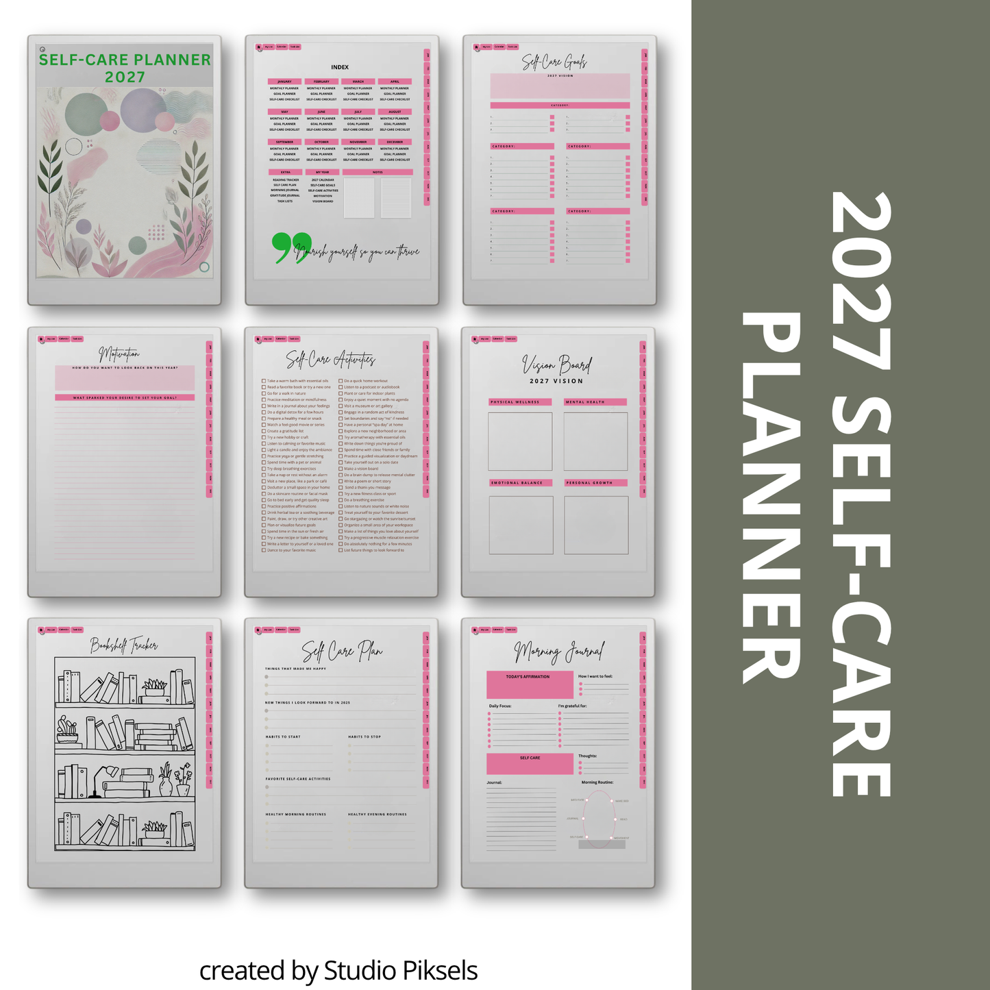 2026 + 2027 Self Care Planner for reMarkable Paper Pro featuring hyperlinked wellness, mood tracking, gratitude, habit, routine, goal, and reflection pages.