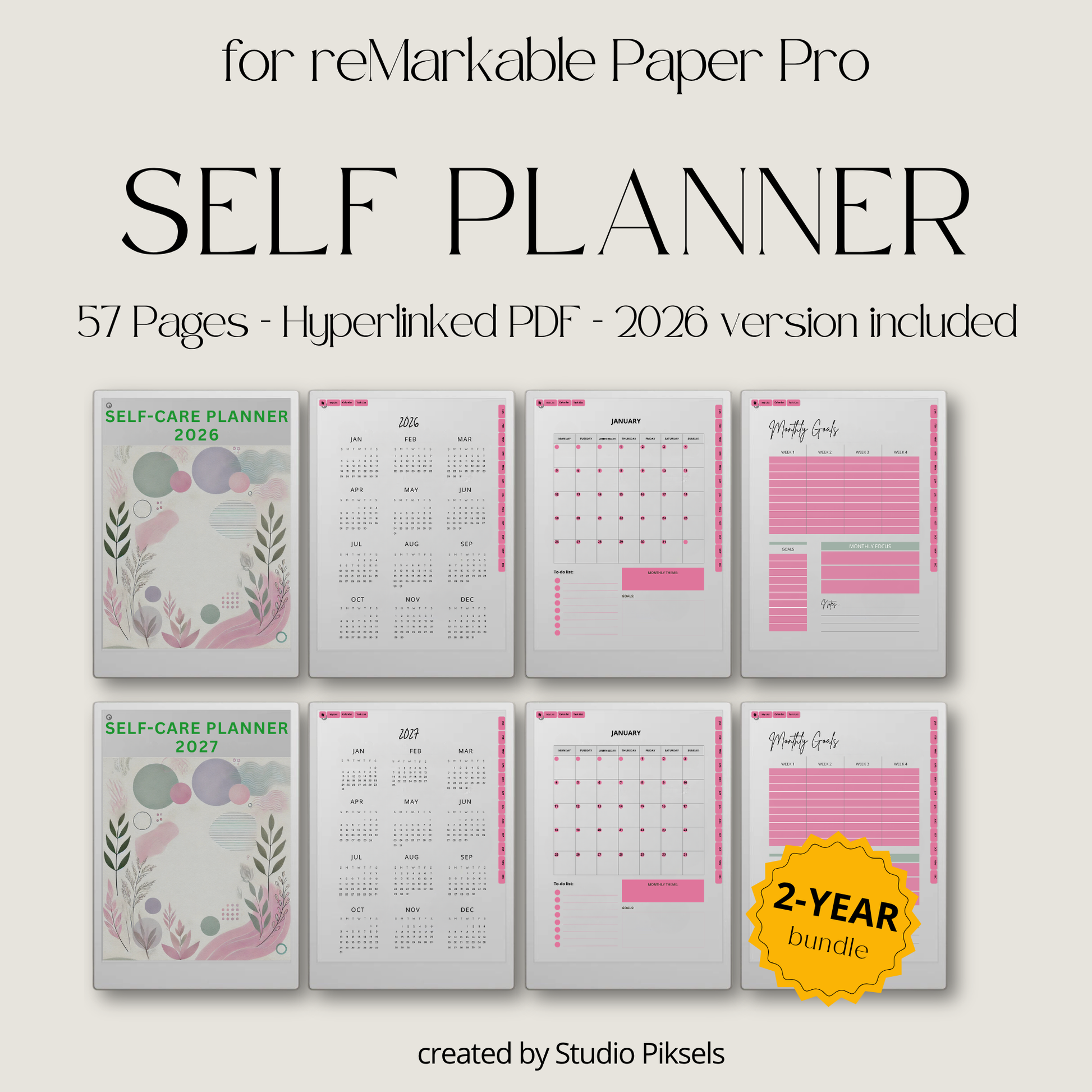 2026 + 2027 Self Care Planner for reMarkable Paper Pro featuring hyperlinked wellness, mood tracking, gratitude, habit, routine, goal, and reflection pages.