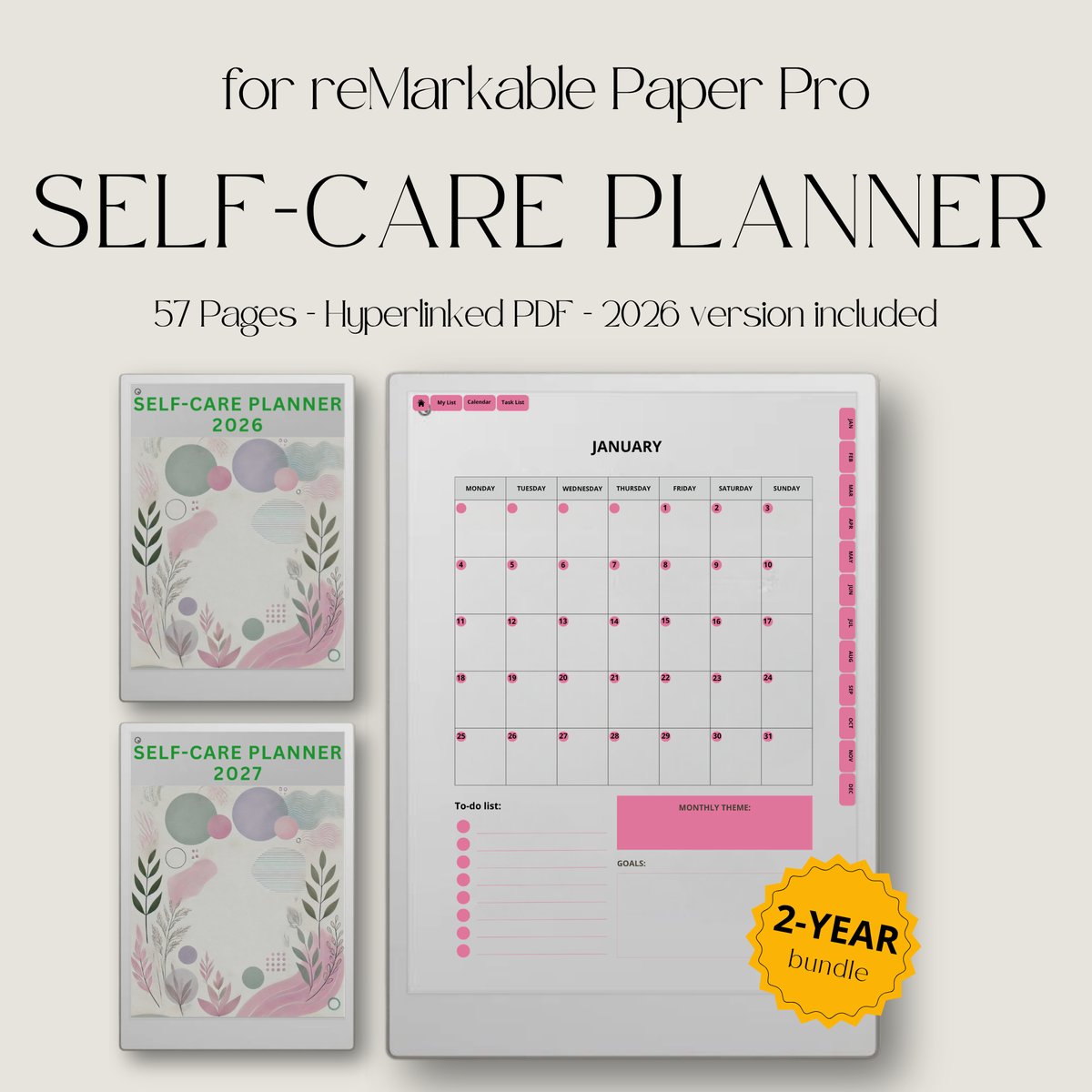 2026 + 2027 Self Care Planner for reMarkable Paper Pro featuring hyperlinked wellness, mood tracking, gratitude, habit, routine, goal, and reflection pages.
