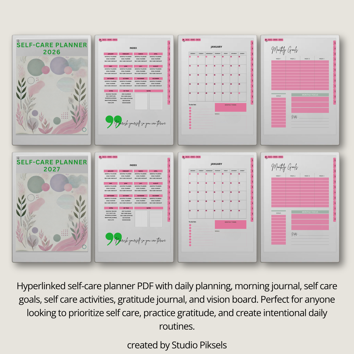 2026 + 2027 Self Care Planner for reMarkable Paper Pro featuring hyperlinked wellness, mood tracking, gratitude, habit, routine, goal, and reflection pages.