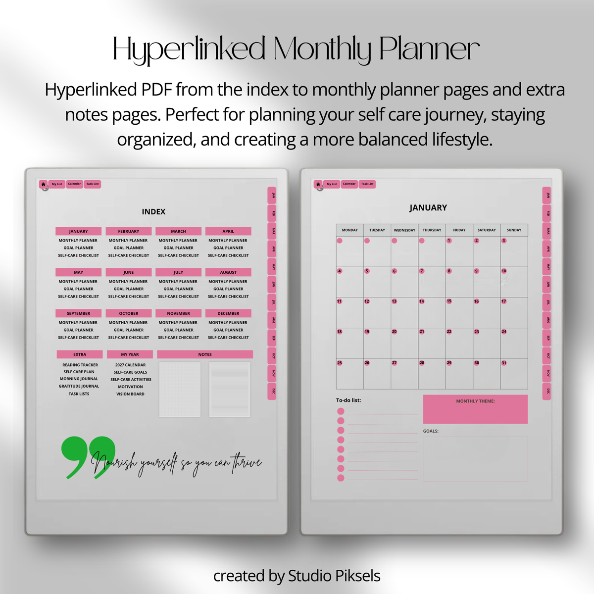 2026 + 2027 Self Care Planner for reMarkable Paper Pro featuring hyperlinked wellness, mood tracking, gratitude, habit, routine, goal, and reflection pages.