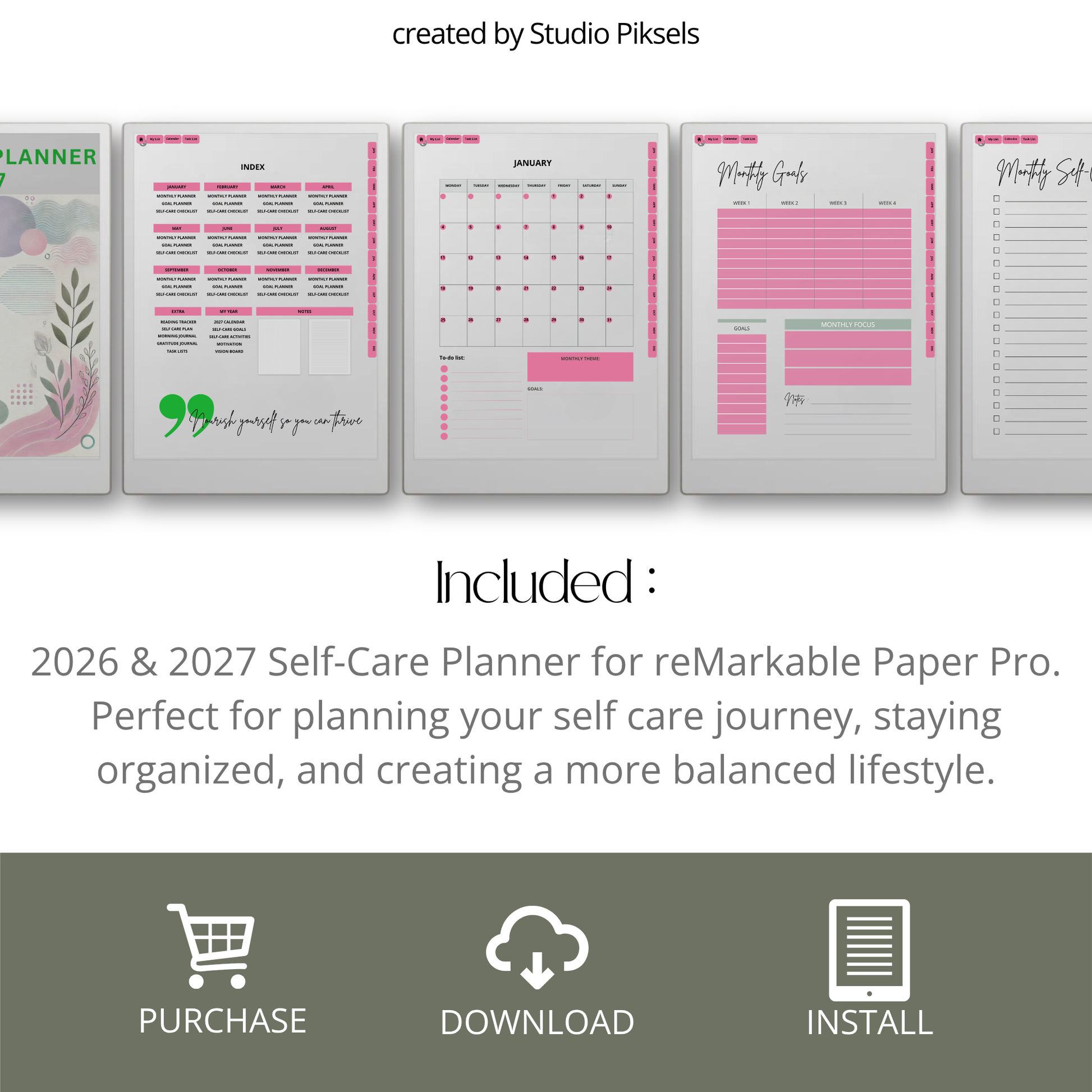 2026 + 2027 Self Care Planner for reMarkable Paper Pro featuring hyperlinked wellness, mood tracking, gratitude, habit, routine, goal, and reflection pages.